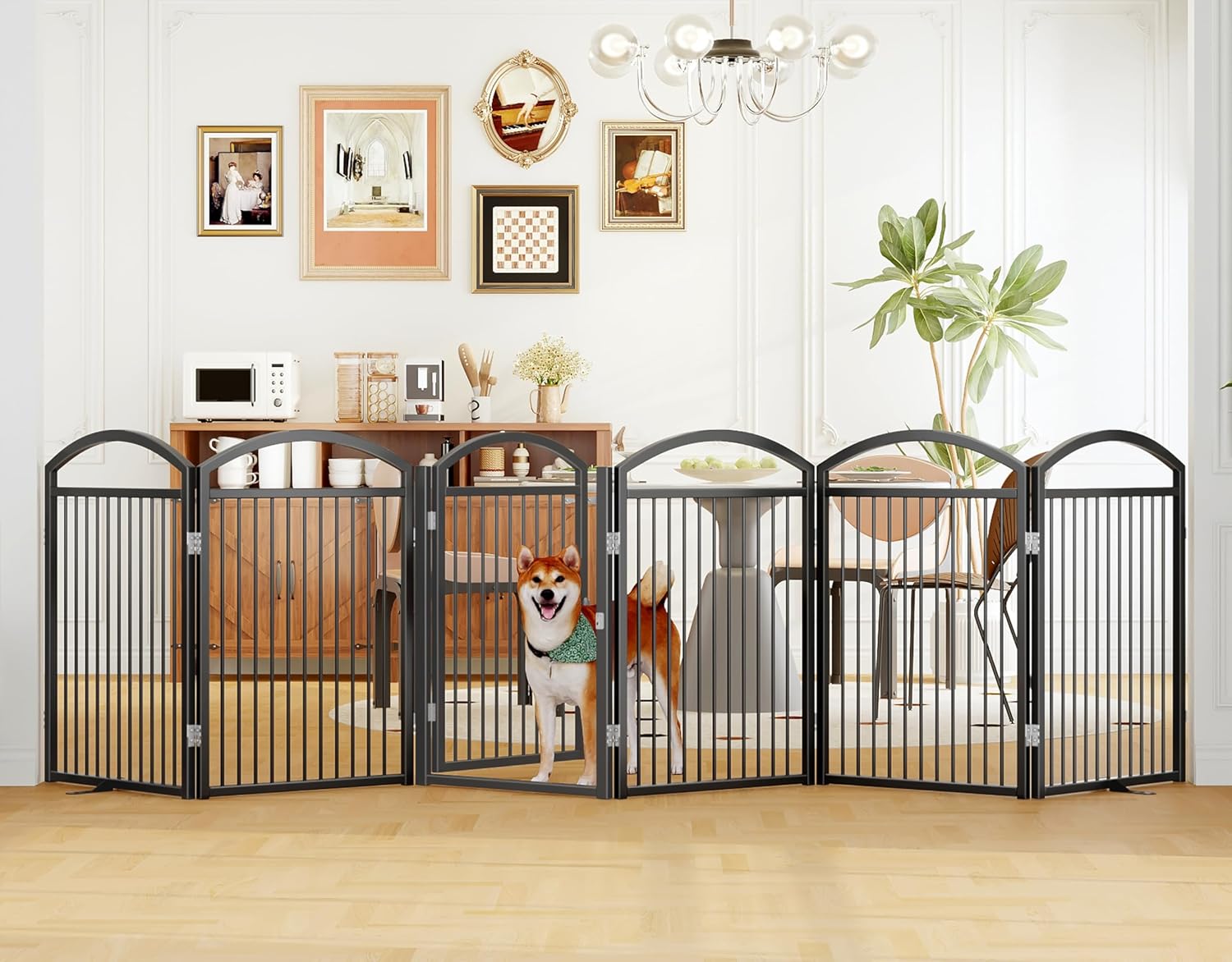 Folding No-Assembly Freestanding Dog Gate with Door,32" Heights Foldable Pet Fence,144" Extra Wide Accordion Puppy Folding Playpen for Doorways,House,Stairs (6 Panels,Black)
