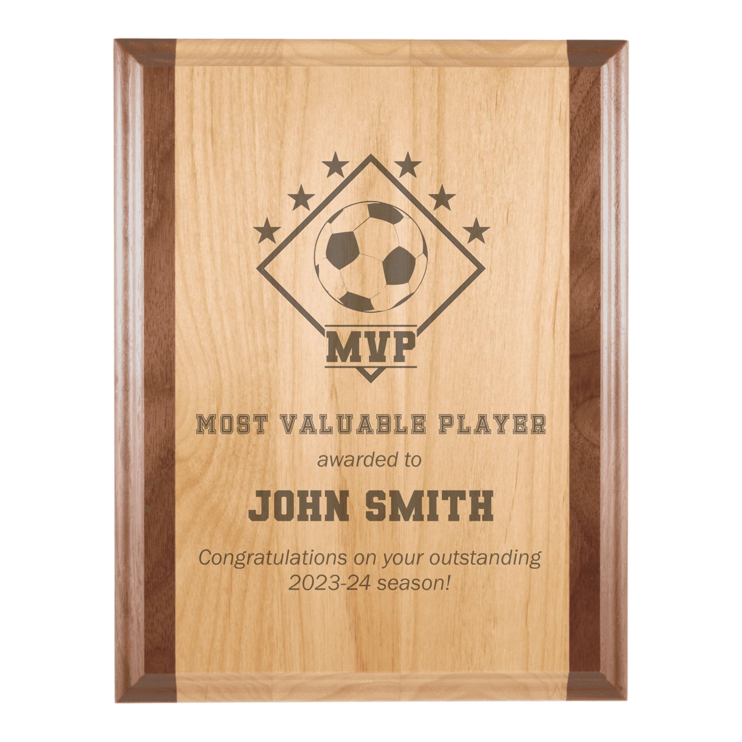 Custom MVP Award for Soccer Player with Personalized Text Sports Gift Ideas for Women or Men Engraved Natural Wood Plaque (7x9 Walnut Trim)