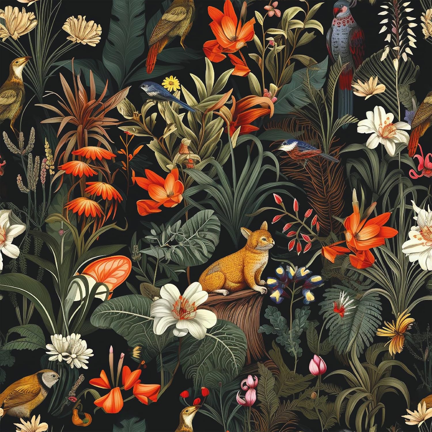 VEELIKE Dark Tropical Wallpaper Vintage Forest Floral Peel and Stick Wallpaper for Bedroom Bathroom 17.7''x354'' Prepasted Jungle Bird Wall Paper Stick and Peel Removable Black Floral Wall Mural
