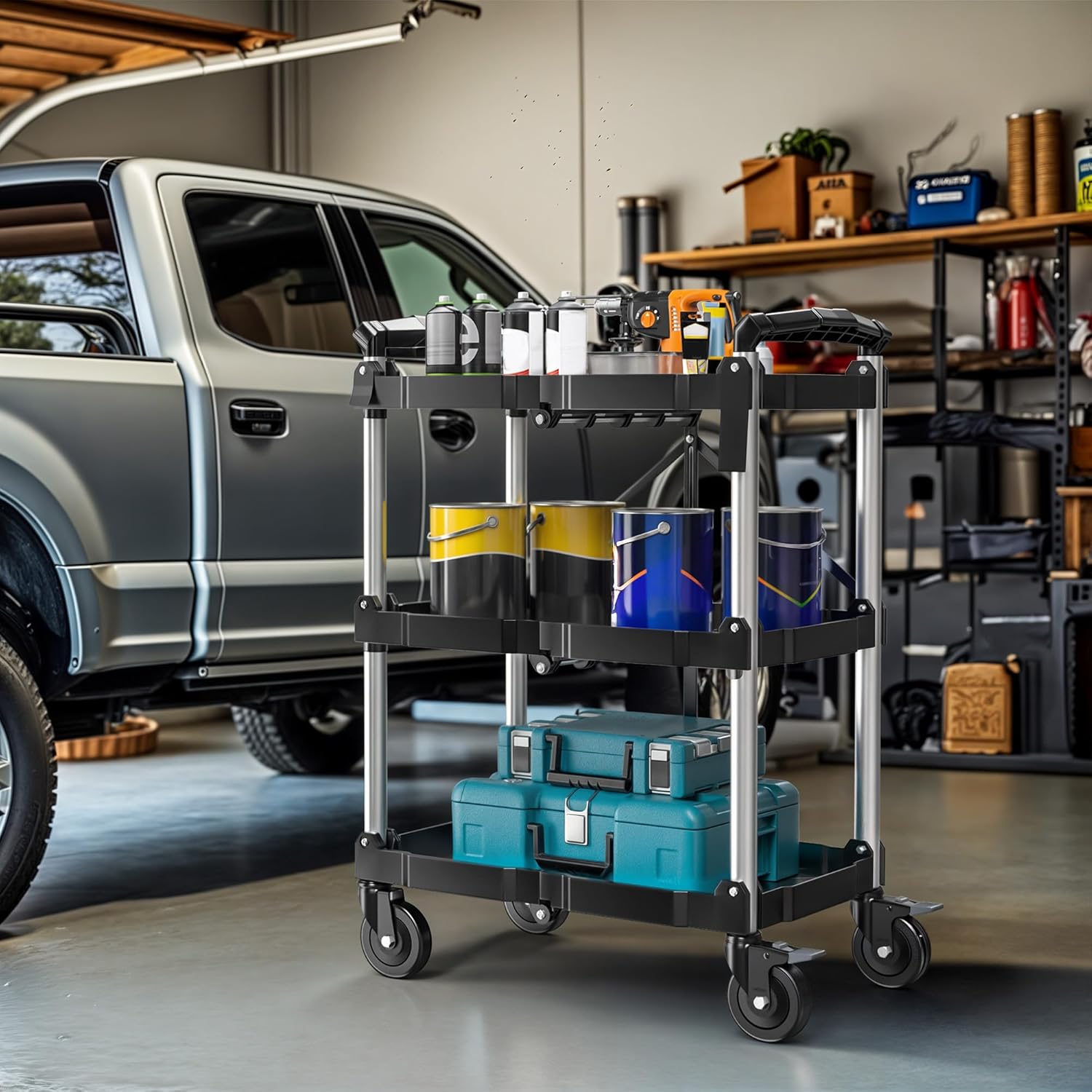 DWVO 350 LBS Foldable Folding Utility Cart on Wheels, Foldable Service Collapsible Utility Carts with Wheels, Collapsible Rolling Cart with Locking for Garage Home Restaurant