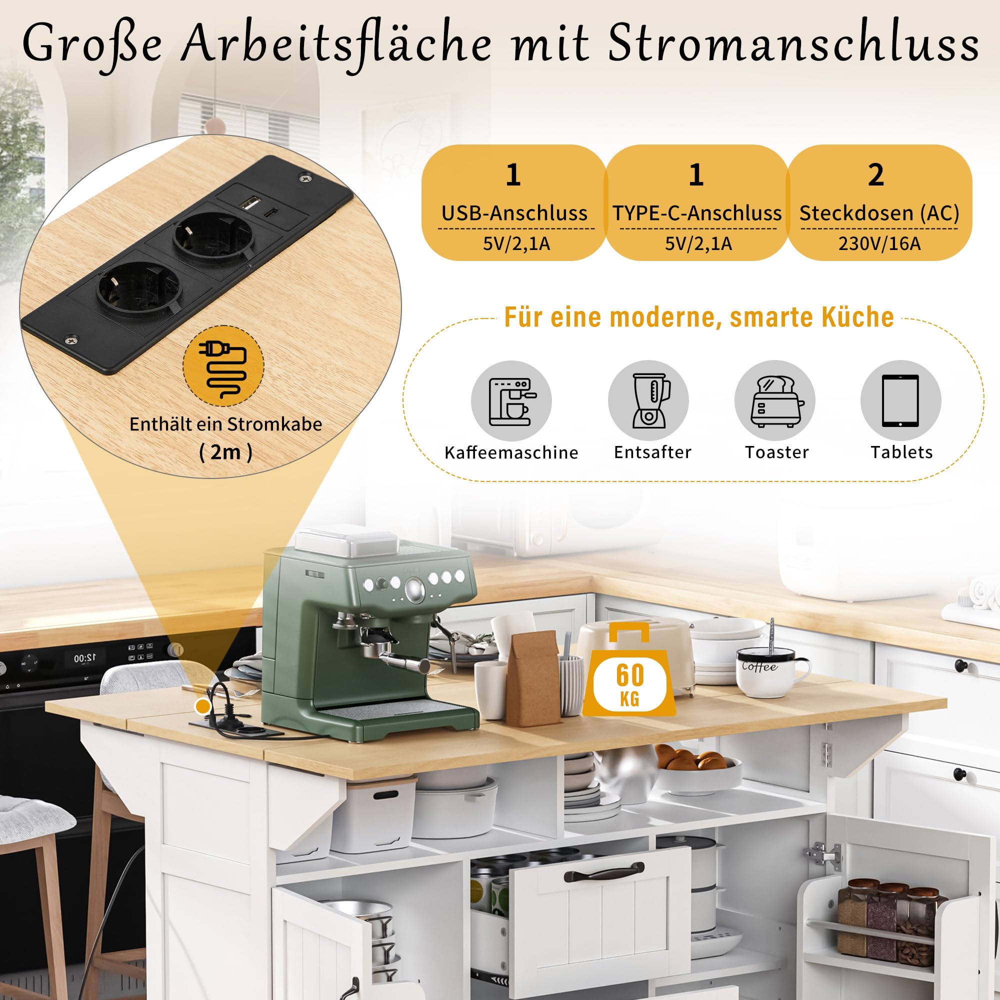 Kücheninsel mit Rollen & ausziehbarem Esstisch, Mobile Kücheninsel mit Steckdosen, Schubladen & Handtuchhalter, Platzsparender Küchenwagen klappbar für kleine Küchen & Esszimmer (Weiß)