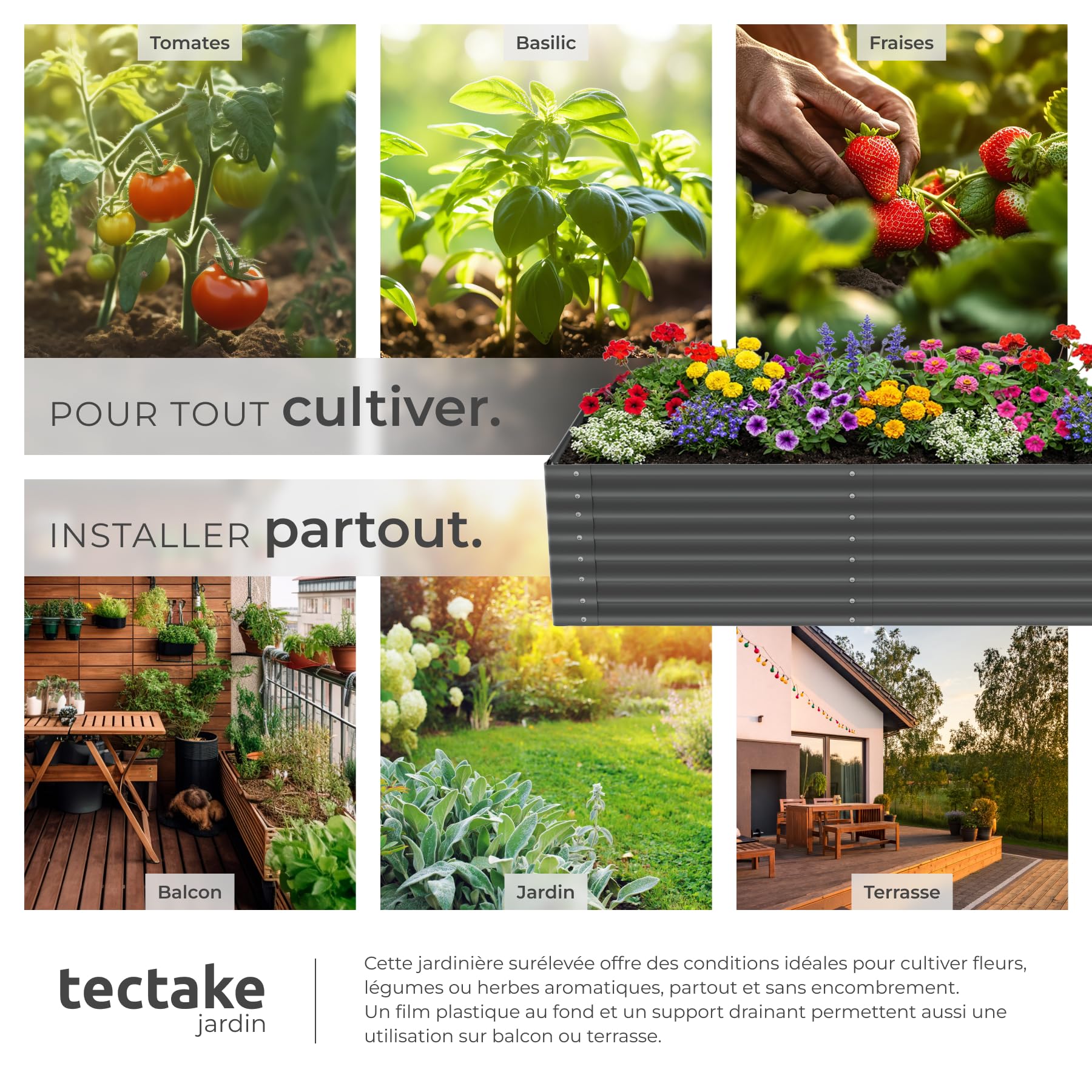 tectake® Jardiniere 200 x 100 x 62 cm, Plate-bande surélevée en acier, Potager surélevé, 1 paire de gants jardinage incluse, Carre Potager 1200L, Lit de jardin Jardiniere exterieur, Bac a fleur Jardin