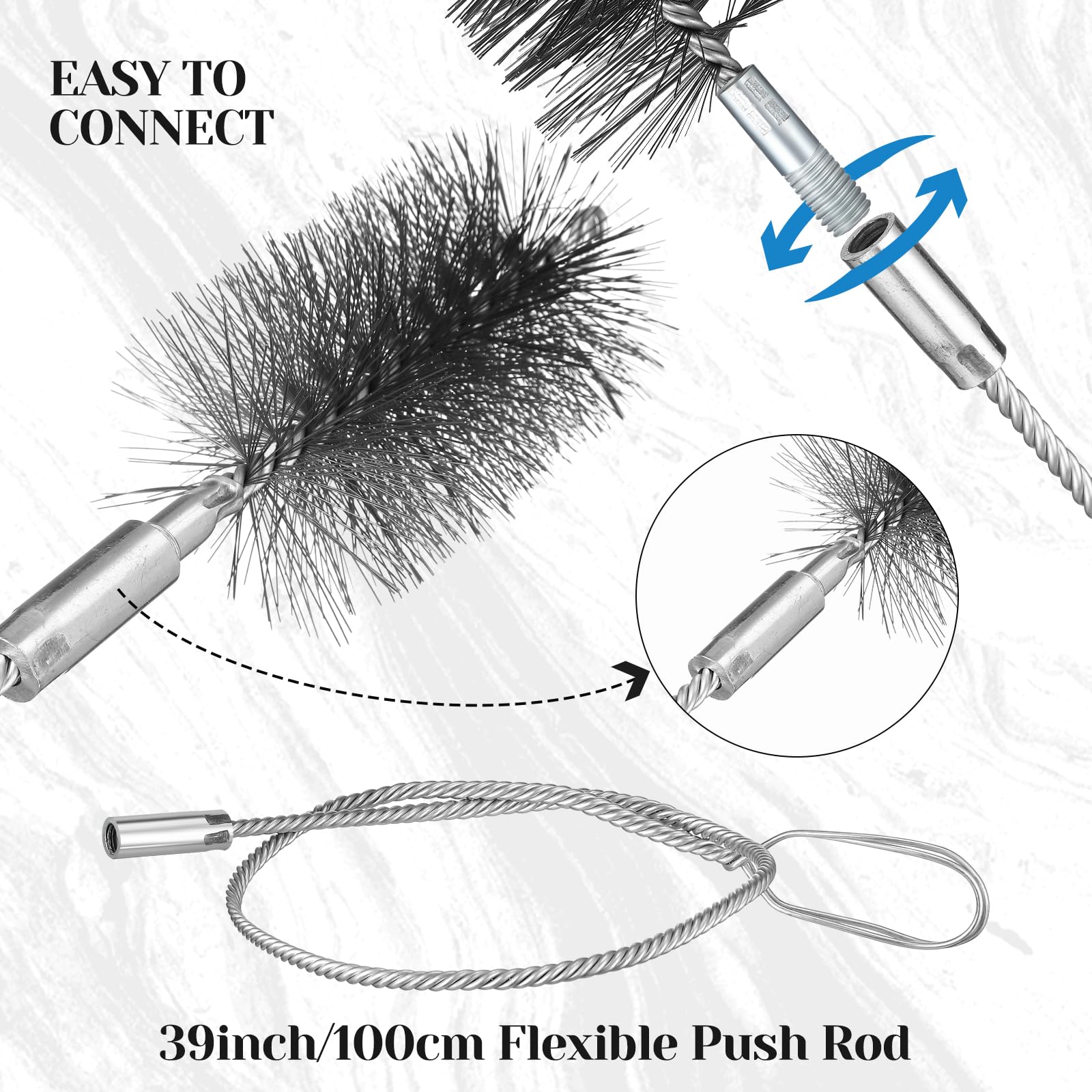 Sinmoe Juego de Cepillos para Tubos de Estufa 80 mm 150 mm Cepillo Caldera Alambre 4 cm Cepillo de Tubo de Alambre Longitud Total 30 cm Escoba para Chimenea con Varilla Flexible 100 cm — view 3