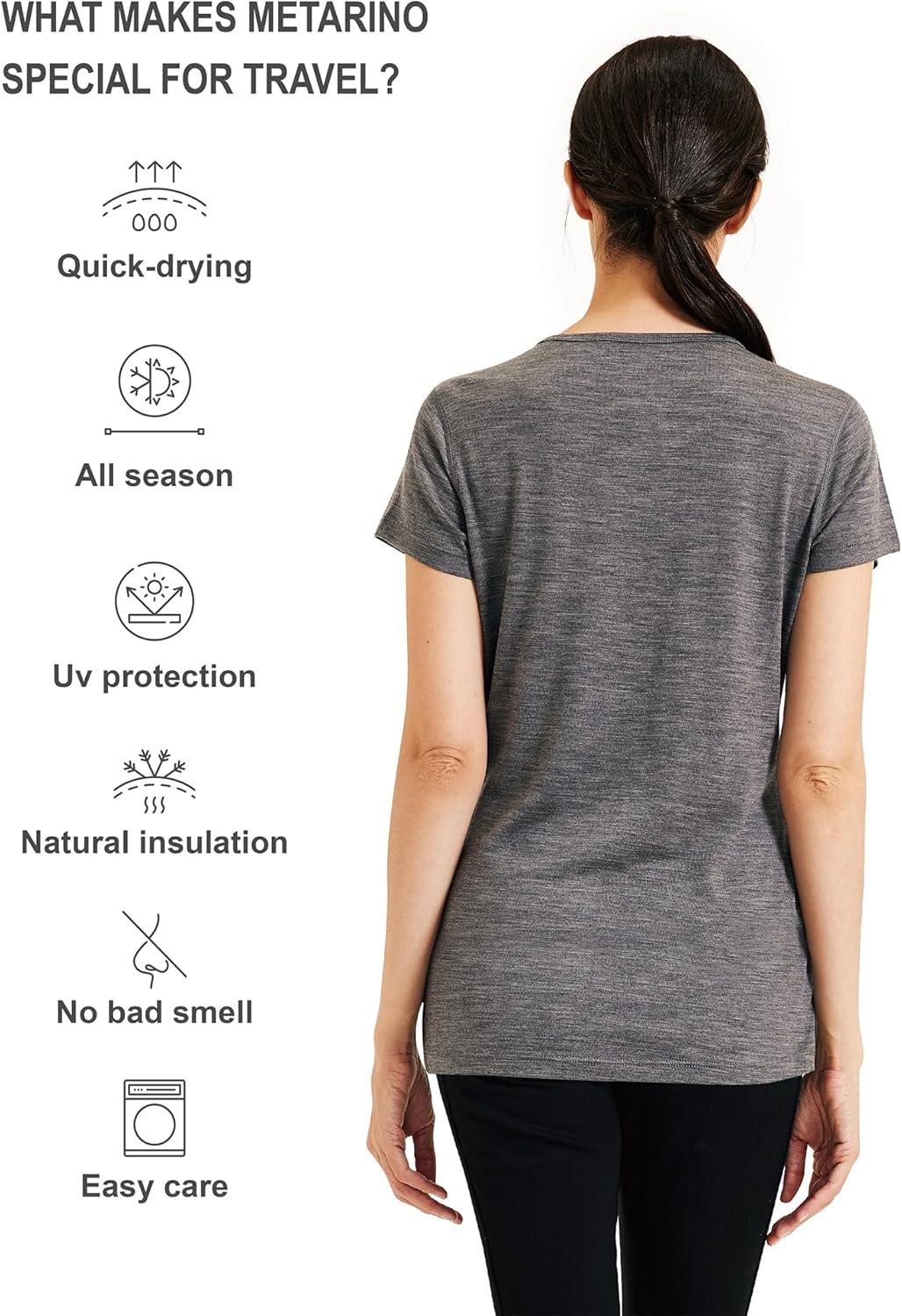 METARINO 100% Merino Wool T-Shirt Women,Short Sleeve Lightweight Crew Neck Base Layer Tee Shirt for Travel,Hiking - Image 3