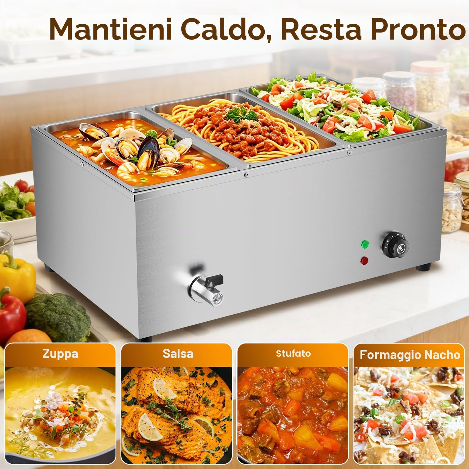 TAIMIKO Bagno Marie elettrico in acciaio inox 220 V scaldavivande professionali commerciali con 3 contenitori per pentole con valvola di svuotamento, controllo della temperatura