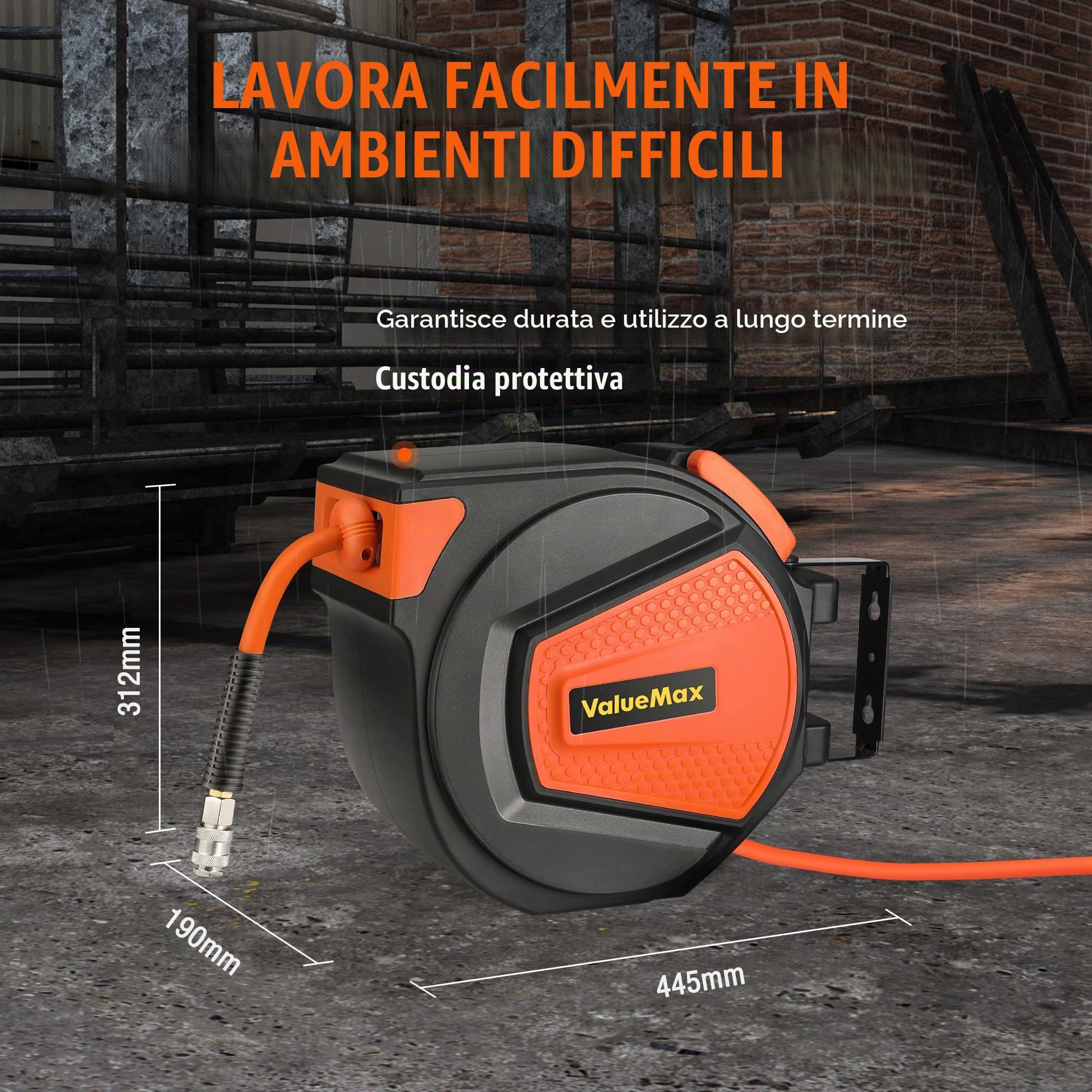 ValueMax Avvolgitubo Aria Compressa 15m+1,5m, Avvolgitubo Pneumatico con Attacco Rapido BSP da 1/4", Dispositivo di Arresto Automatico e Riavvolgitore Automatico