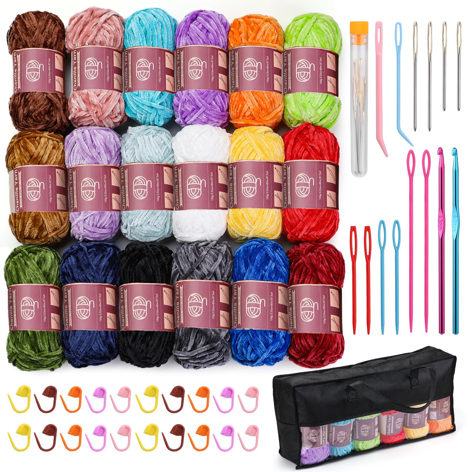 LUNARM Chenille Yarn for Crochet Knitting Chunky Blanket Velvet Yarn | 18 Pack 100g/3.5oz Multicolor Series Thick Soft Yarn for Beginners Knitting Fluffy Weaving Plush Scarves with Big Eye Needles