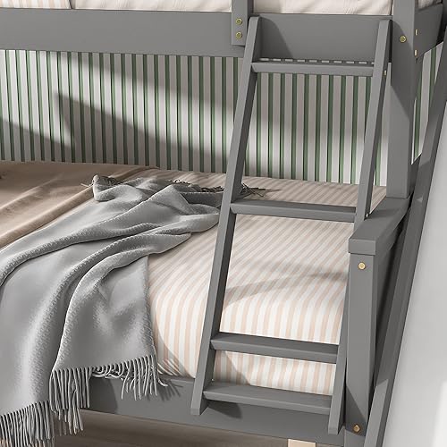 Miniatura 142 de Litera individual sobre matrimonial con cajones, escalera deslizante y almacenamiento, litera de madera con barandilla alta y escalera para niños,