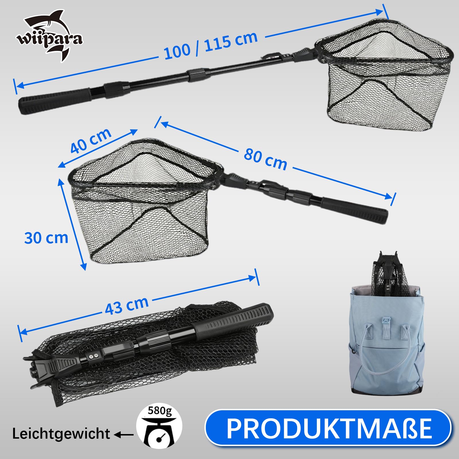 Fishing Kescher Angeln, Teleskop Gummierter Angelkescher - Stabil, Faltbar und Fischfreundlich, Unterfangkescher Angel Kescher Teich Karpfenkescher für Teich Pool Angeln