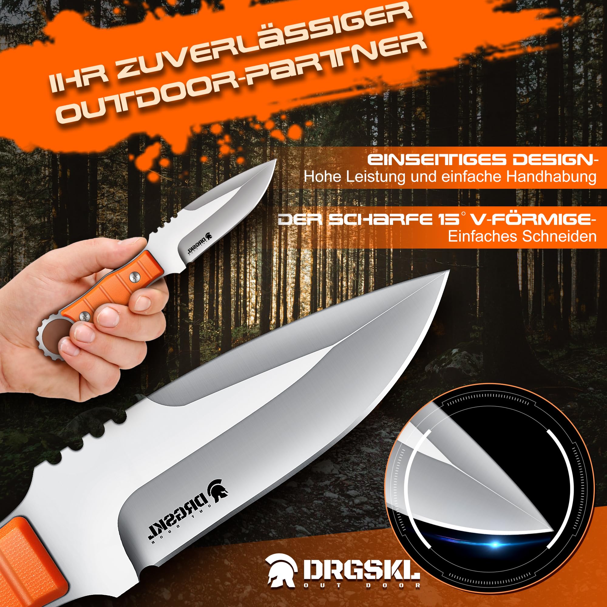 DRGSKL-Outdoor Messer Survival,aus D2 Stahl 3-in-1 mit Kompass Kydexscheide und Feuerstahl, EDC 9.3cm Klinge, Jagdmesser Mit Feststehende Klinge,Für Männer Camping Jagen Wandern Orange