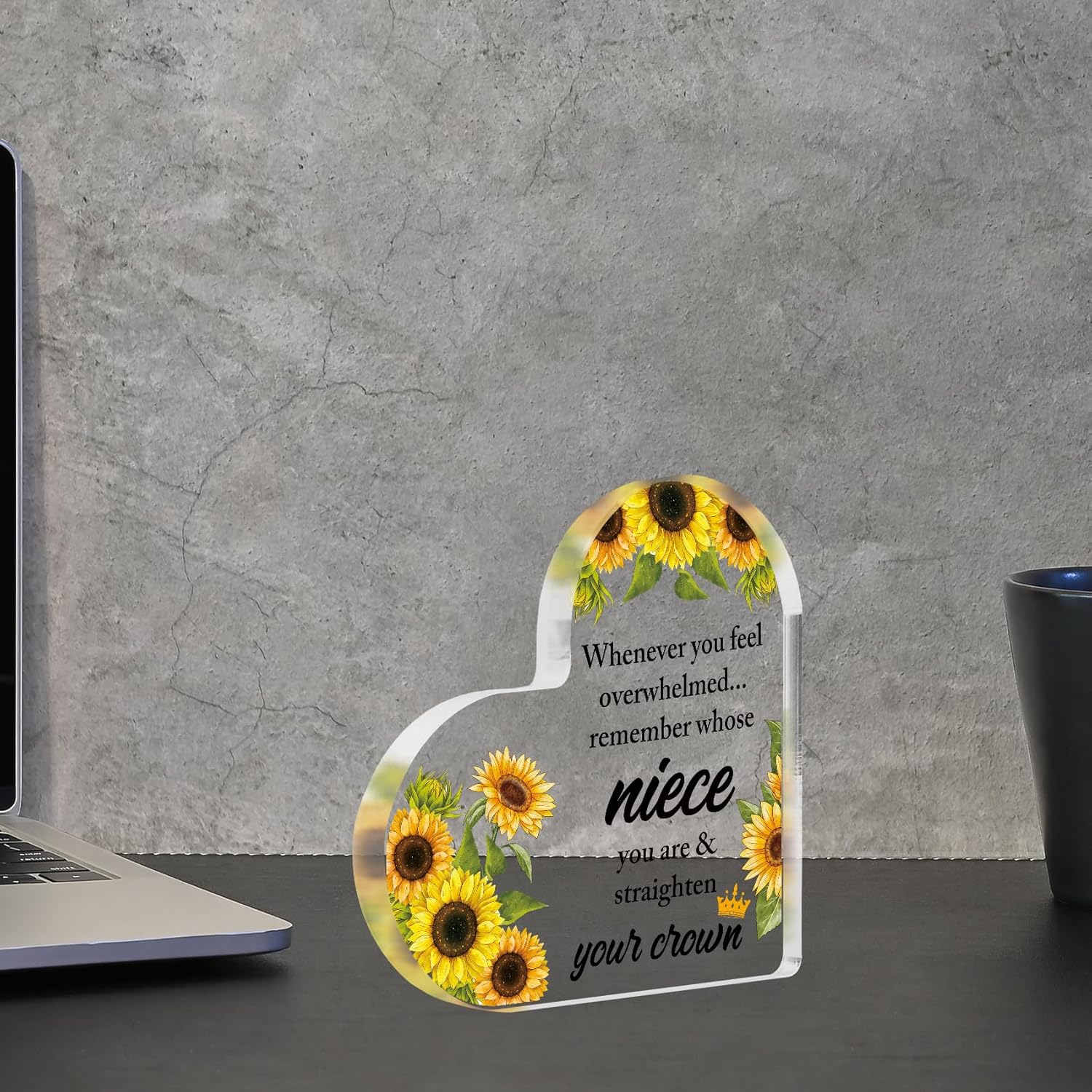 Niece Gifts from Auntie Aunt Sunflower Gifts for Women Teen Girls Inspirational Gift Ideas Heart Shaped Acrylic Block Plaque Unique Niece Birthday Graduation Mothers Day Christmas Valentines Day Gift - Image 7