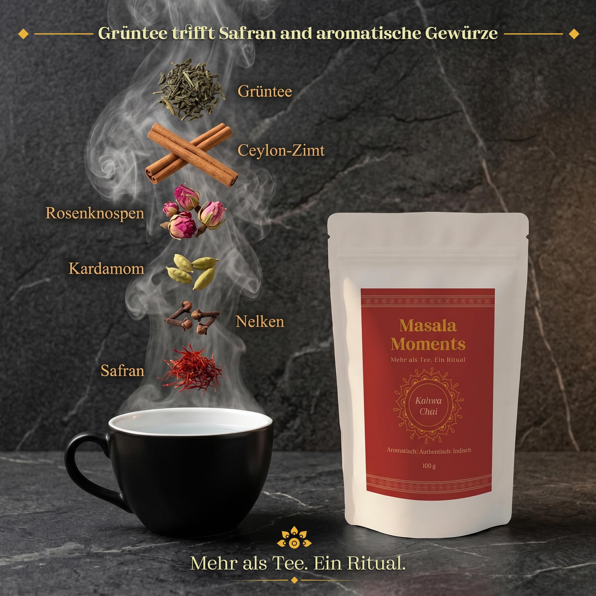 MASALA MOMENTS Kahwa Chai (100 g) – Kashmir Grüntee mit Safran & Rosenknospen | Leicht & aromatisch | Ohne künstliche Aromen | Traditioneller Gewürztee | Bis zu 35 Tassen