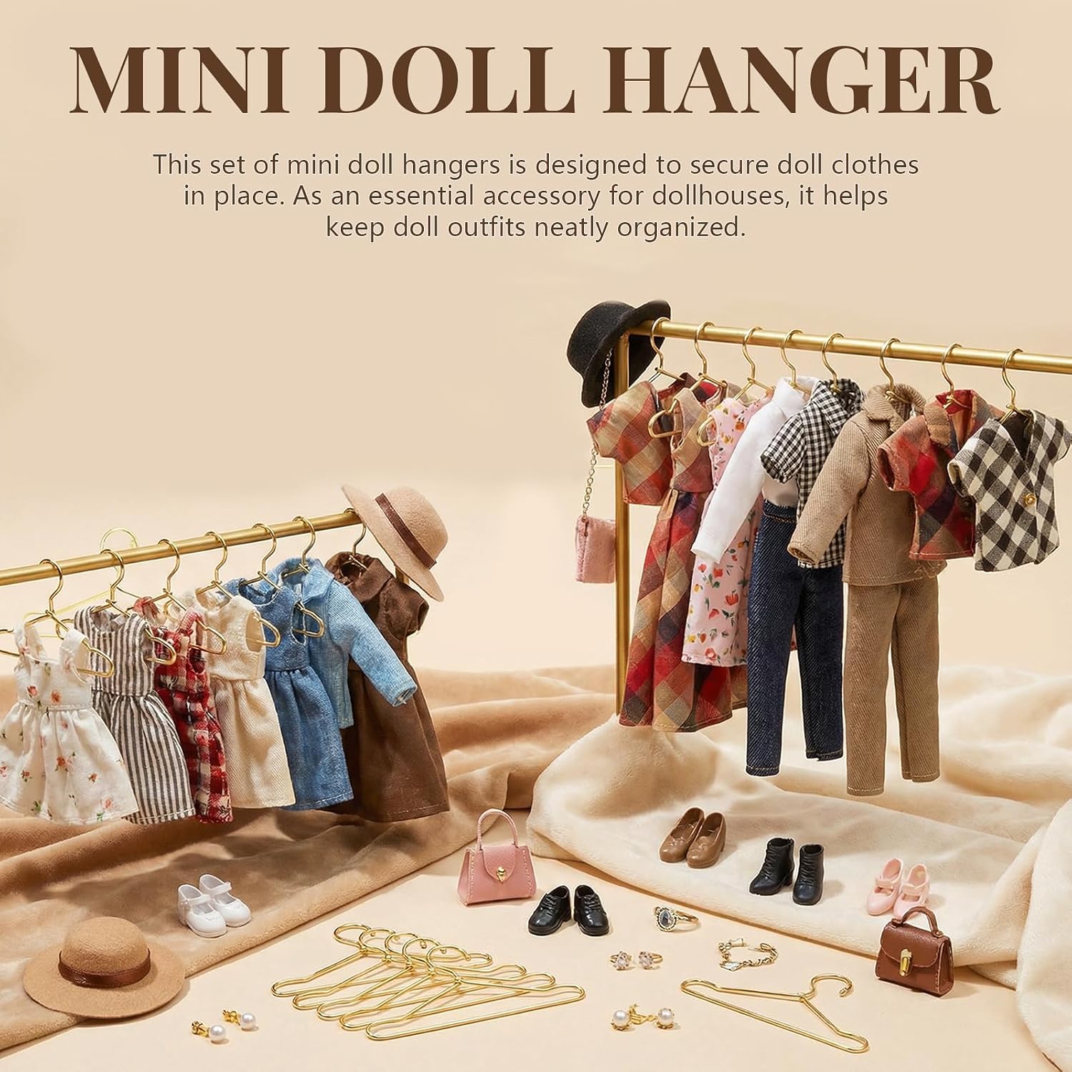 20Pcs Mini Metal Doll Clothes Hangers,2.5 Inch Golden Hangers for Dollhouse Wardrobe,Dresses,Skirts and Outfit Organization