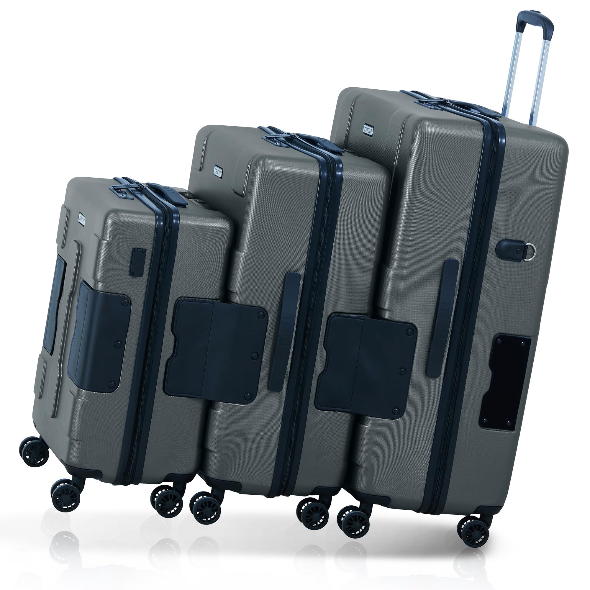TACHV3.1 Hard Shell 3 Piece Luggage Set - 20, 24 & 28 inch Luggage | Carry On, Medium & Large Checked Suitcases | Patented Built-In Connecting System | Rolling Suitcase Links 6 Bags (Grey)