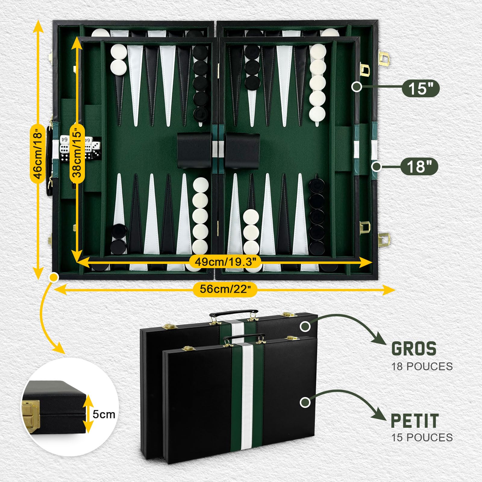 Backgammon Set, 15" Jeu de Backgammon Classique pour 2 Joueurs, Ensemble de Jeu de Stratégie Portable pour Adulte et Enfants (15 Pouces, Vert)