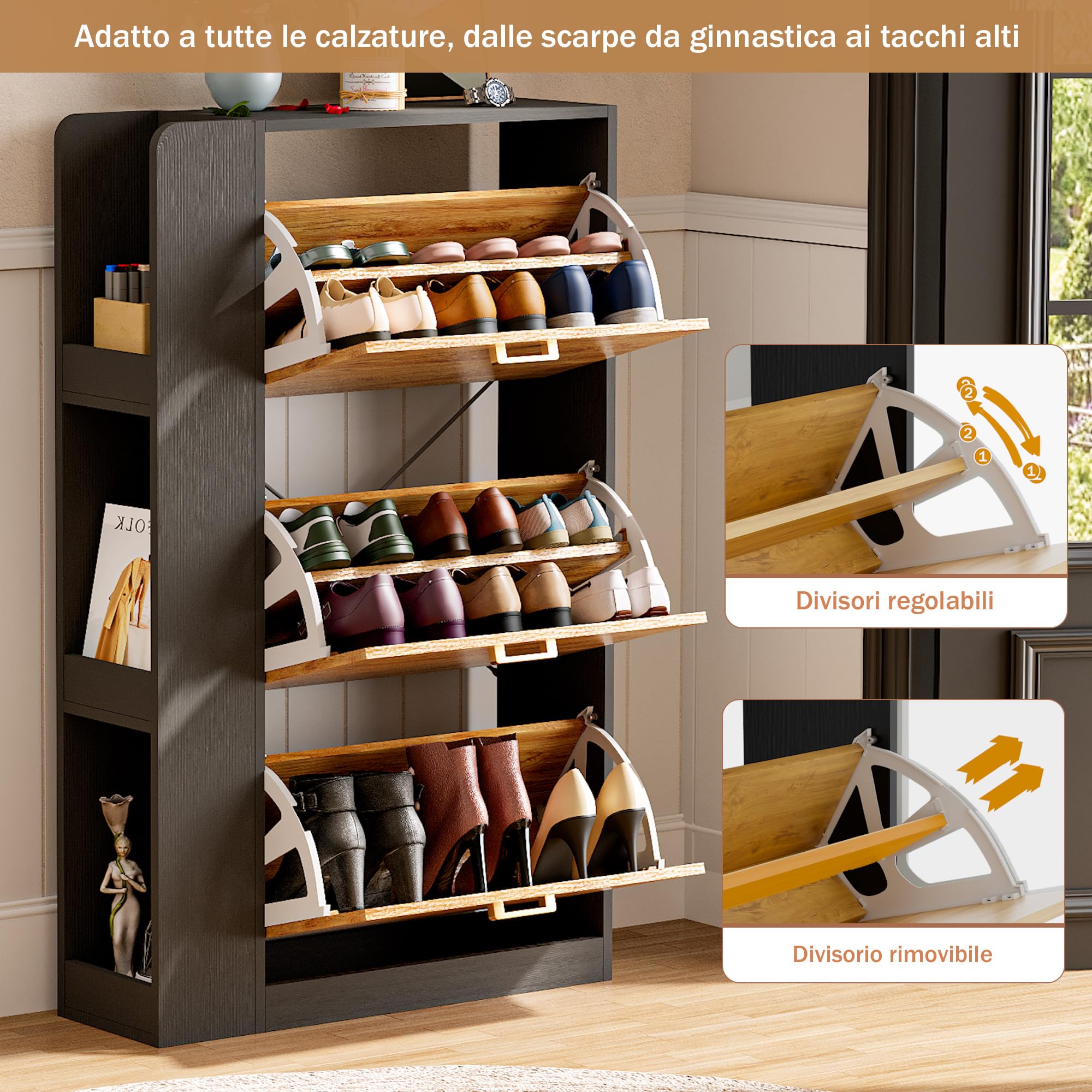 Scarpiera Salvaspazio Slim con 3 Ante e Telaio Laterale Aperto 3 Strati, Scarpiera Stretta con Maniglie, Scarpiera con Divisori Regolabili per Ante, Corridoio e Soggiorno (73.5x118x24 cm, Nero)