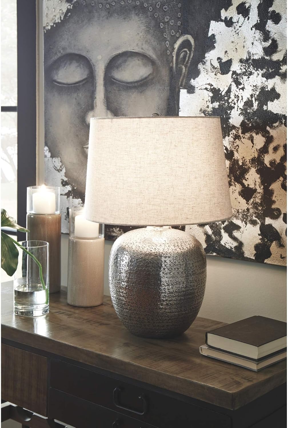 BOWERY HILL Metal Table Lamp, 23.13 in Height, Hammered Aluminum, Antique Silver Finish, Drum Shade, 3-Way Switch, UL Listed, Modern Design for Living Room or Bedroom Lighting