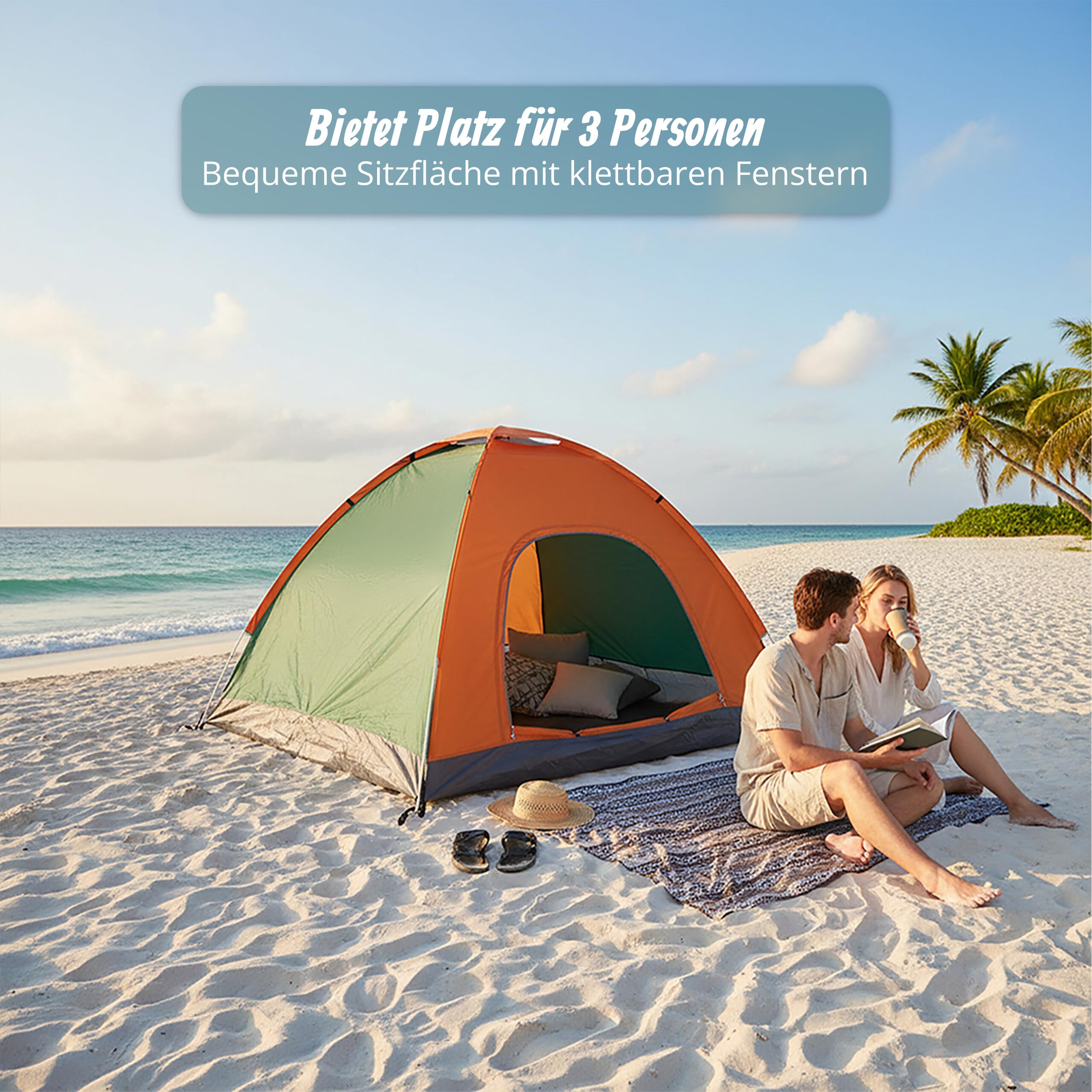 Relaxdays Pop Up Zelt Strand, Wurfzelt, 2-3 Personen, kleines Packmaß, UV Schutz 50+, HBT 135 x 200 x 200cm, orange/grün