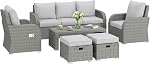 Meubles de patio Outsunny avec coussins, ensemble de conversation de meubles sectionnels en osier PE de 6 pièces avec un canapé trois places, 2 chaises inclinables, 2 repose-pieds et table, orange