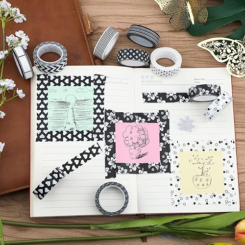 Miniatura 6 de SAVITA Juego de 10 rollos de cinta washi de 0.59 pulgadas, cinta washi en blanco y negro, cinta adhesiva decorativa para niños, manualidades,