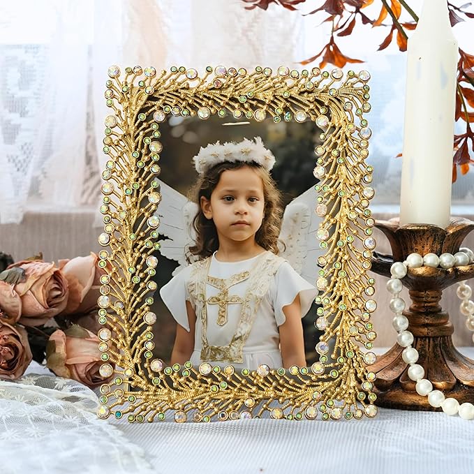 ZIYOO Tabletop Decorative Vintage Gold Rectangular 4x6 Inch Picture Frame with Opalescent Gem Accents – Ornate Baroque-Style Decorative Frame for Tabletop Display or Gift