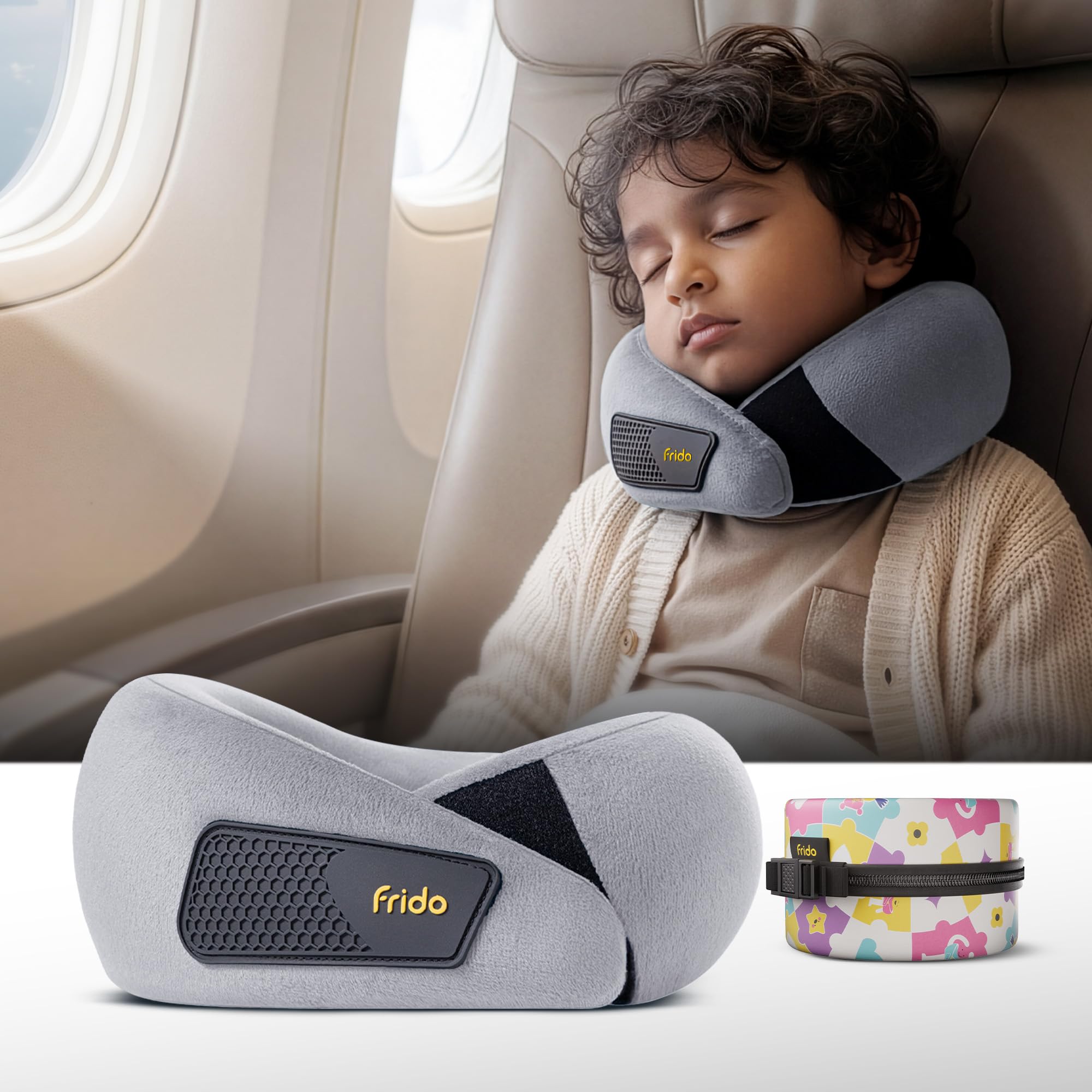 Frido Kids Memory Foam Travel Neck Pillow with Travel Pouch | 360° Chin & Neck Support for Comfortable Sleep | Adjustable Velcro Straps | Ideal for Car, Flight & Road Trips | Bluish Grey-image-8