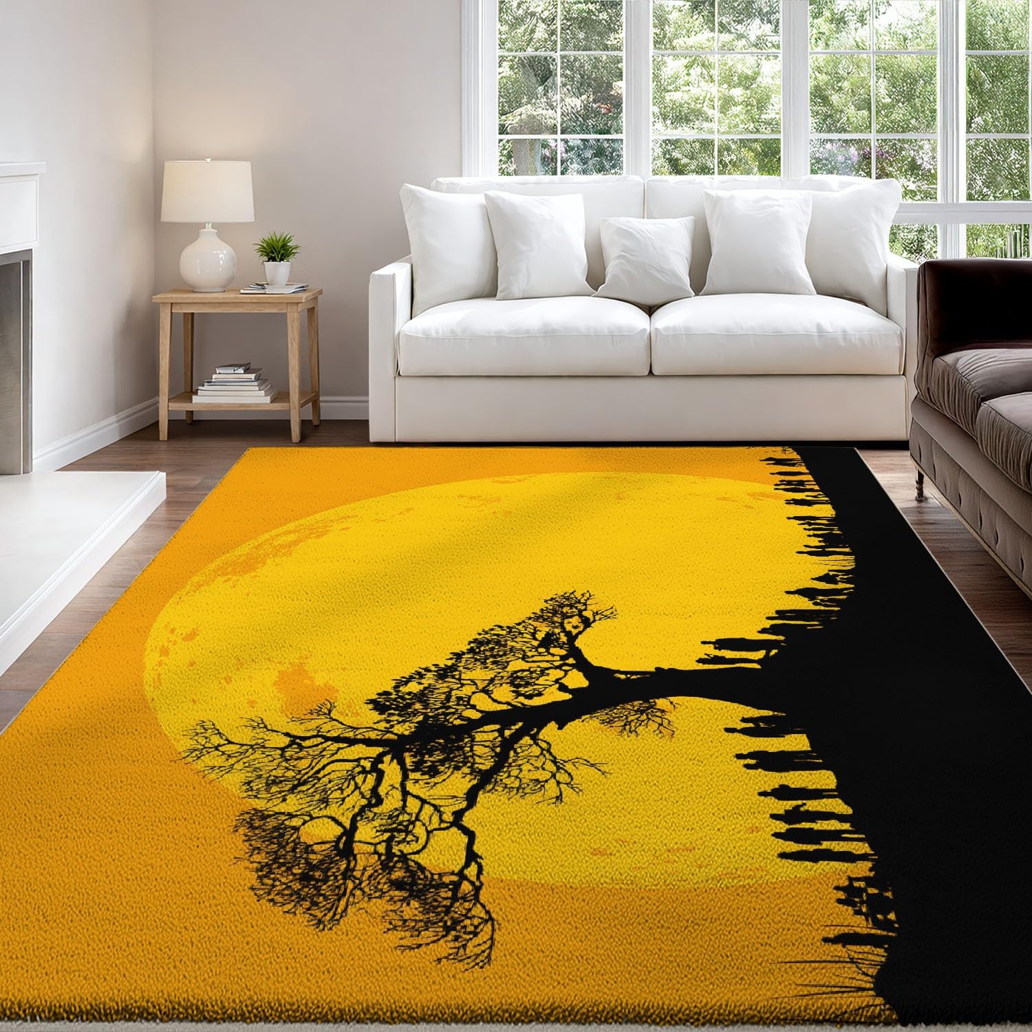 Générique Abstrait Moderne Doux Tapiss Silhouette Minimaliste Imprimé Tapis Lune Jaune Arbres Foule de Lavable Tapis de Antidérapant pour Salon Chambre Bureau 120 x 180 cm