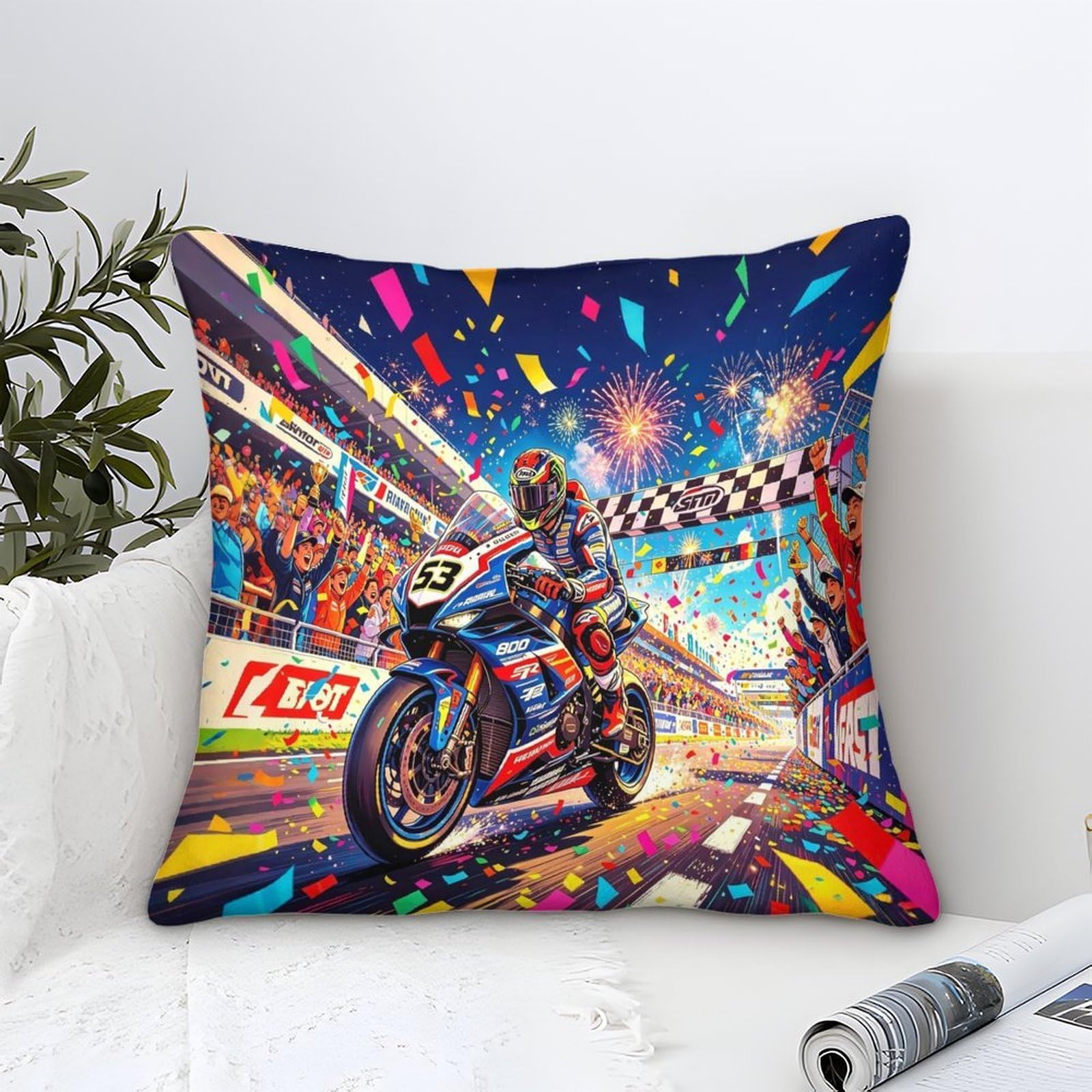 3U6C4M9K Modern Decorative Pillow Covers, Championship Moment Close-up Throw Pillow Covers 40x40cm Motorcycle Race Square Pillowcase, Cushion Case for Couch Sofa Bed Car Patio