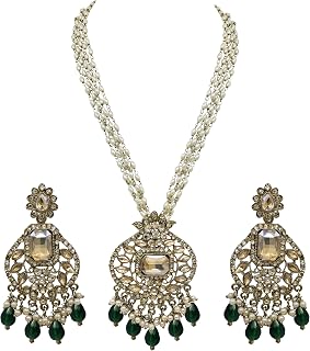 SAIYONI Mehndi Plated Floral Design Necklace Earrings with Stones Traditional Bridal Long Jewellery Set Beads Pearls Brida... Price In India