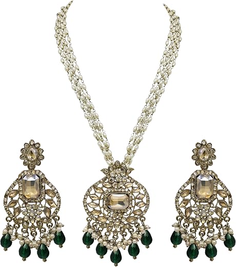 SAIYONI Mehndi Plated Floral Design Necklace Earrings with Stones Traditional Bridal Long Jewellery Set Beads Pearls Brida...