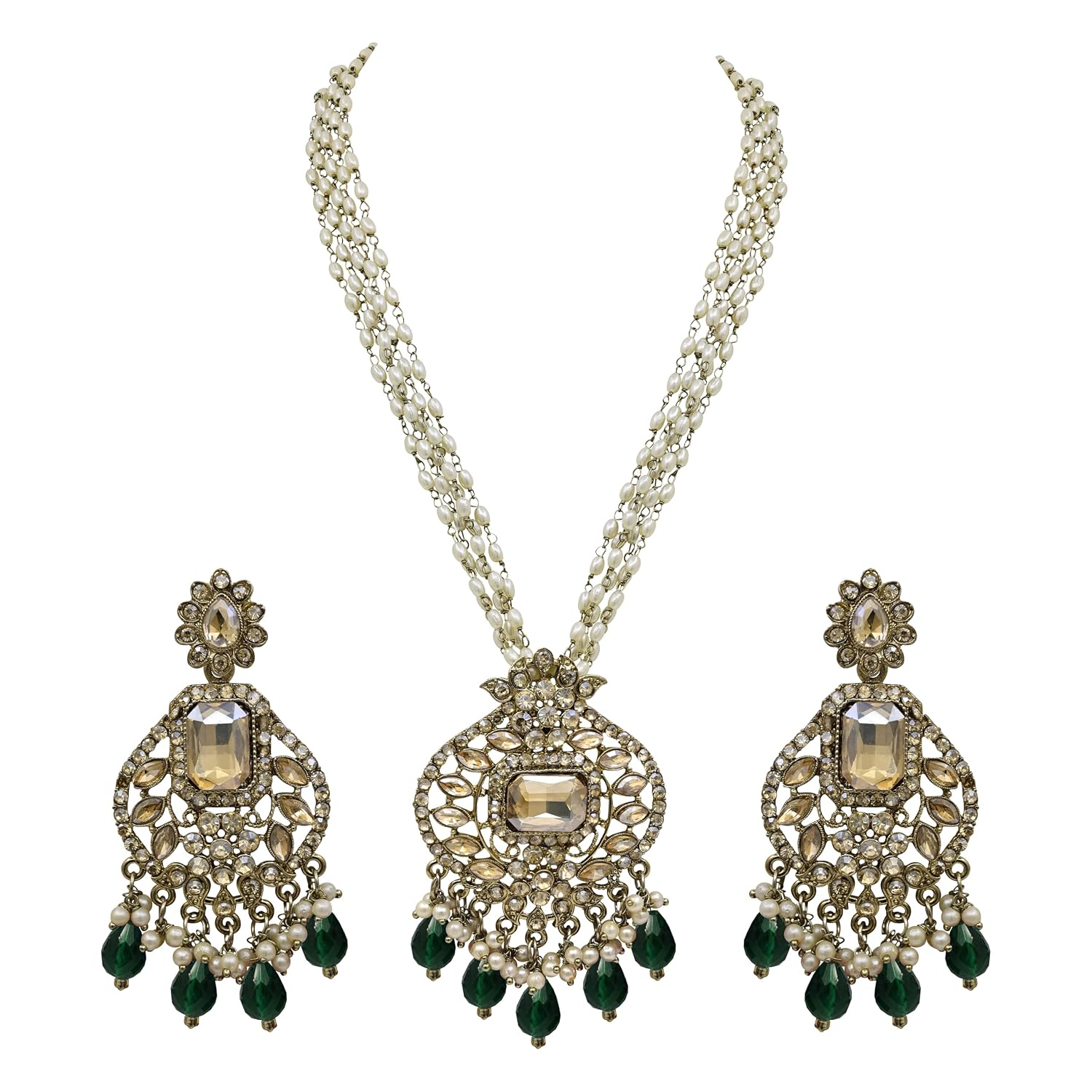 SAIYONI Mehndi Plated Floral Design Necklace Earrings with Stones Traditional Bridal Long Jewellery Set Beads Pearls Brida... - Review, Price and Buying Guide