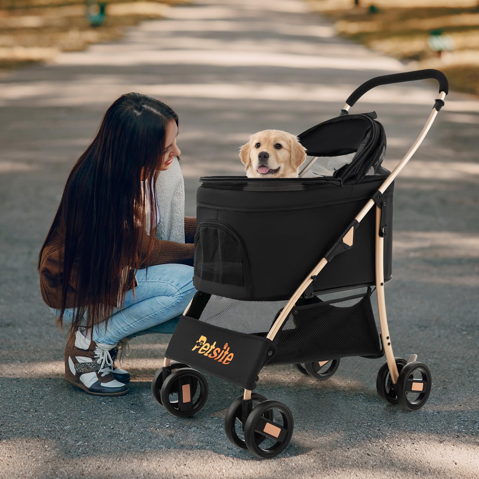 GOPLUS 3 en 1 Poussette pour Chien Chat, Poussette Pliable, Siège de Voiture Amovible, Auvent Réglable, Entrée en Maille Zippée, Panier de Rangement, pour Petits/Moyens Chiens Chats(Noir)