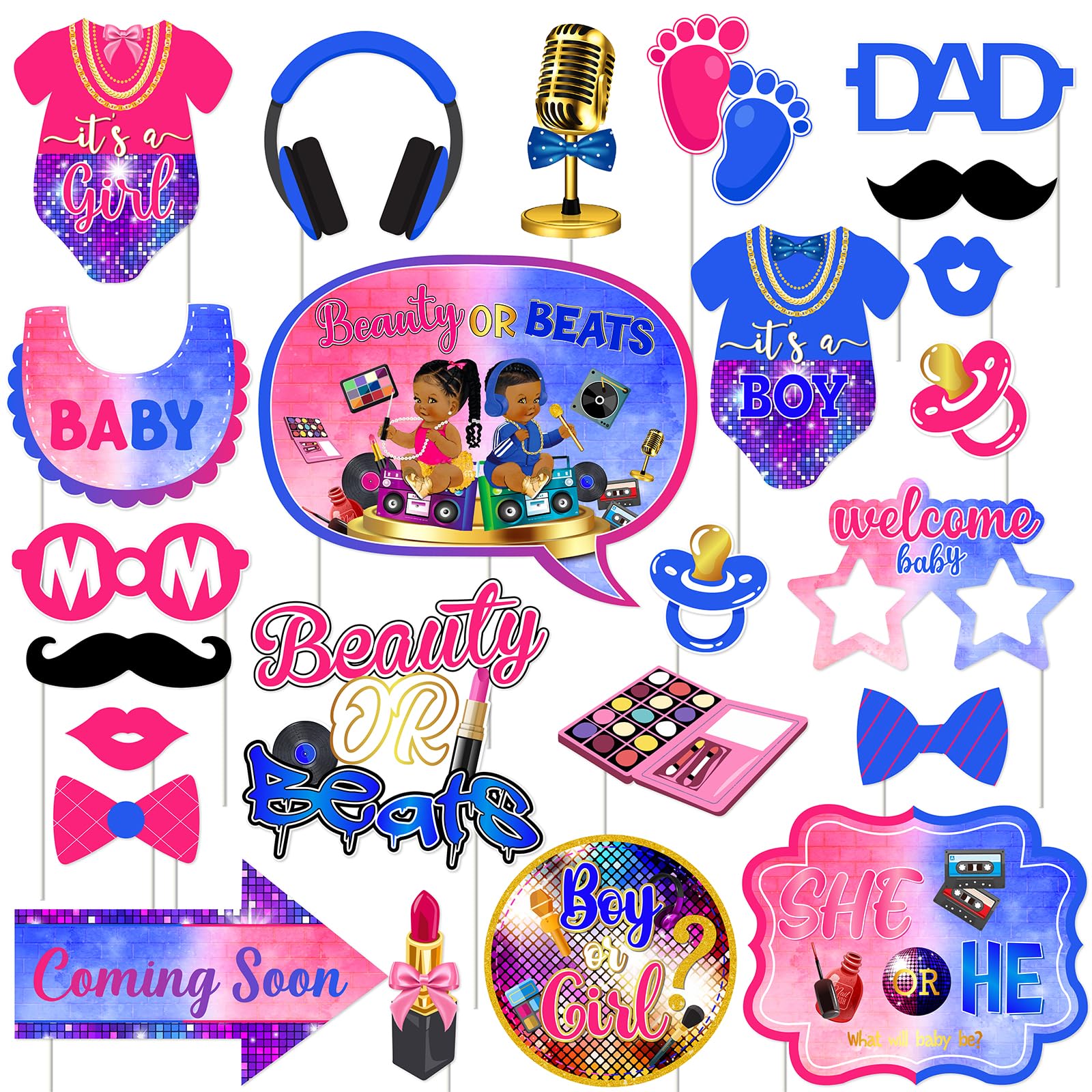 Beauty or Beats Gender Reveal Decorations - 24pcs Beauty or Beats Photo Booth Props, He or She Gender Reveal Decorations for 80s 90s Retro Disco Hip