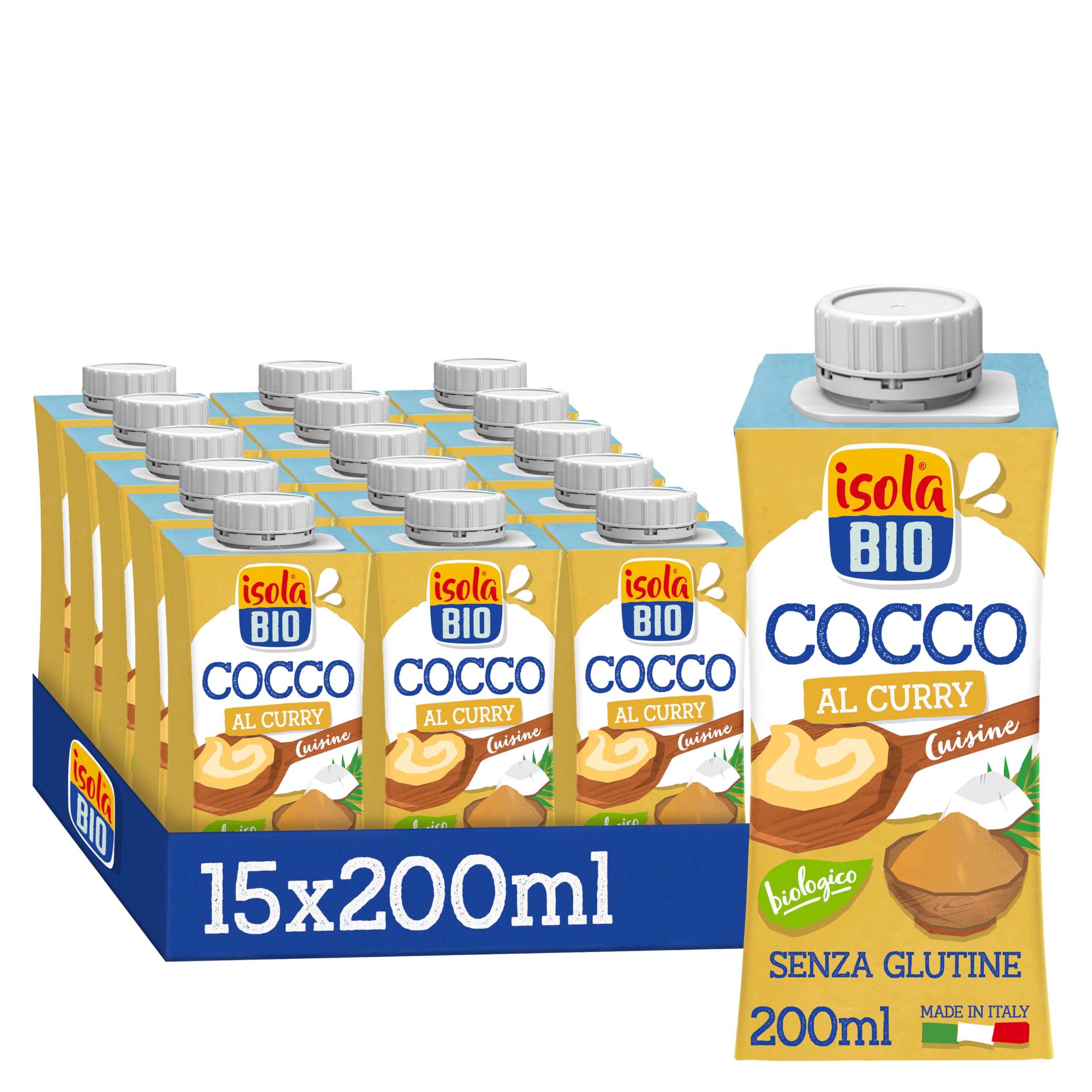 ISOLA BIO Crema da Cucina Cocco al Curry Bio, Alternativa Vegetale alla Panna da Cucina, Biologica, Senza Glutine, 100% Ingredienti Naturali, Formato 15 x 200 ml