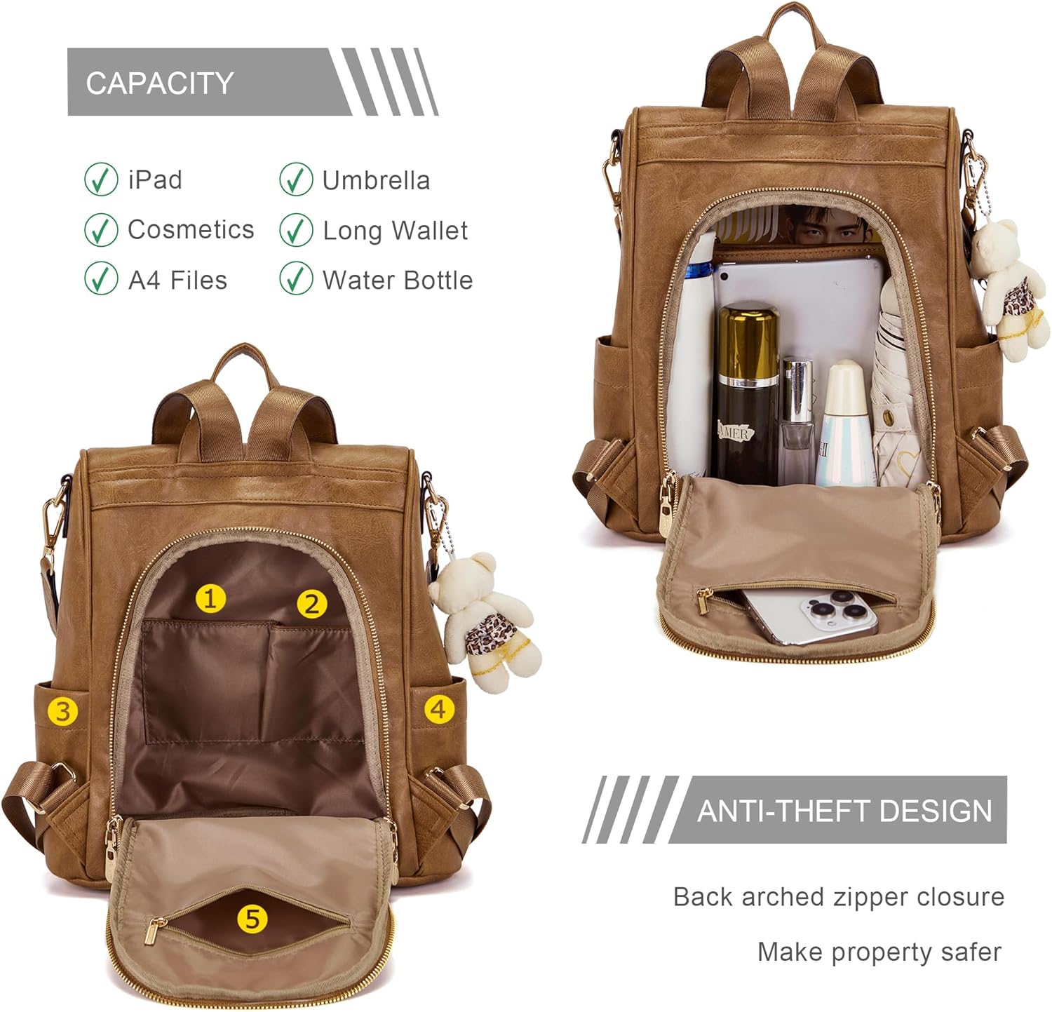 Soperwillton Women Fashion Backpack Purse Anti-Theft Leather Shoulder Bag Travel Multi Pockets Handbag Wallet Set 3pcs - Image 2
