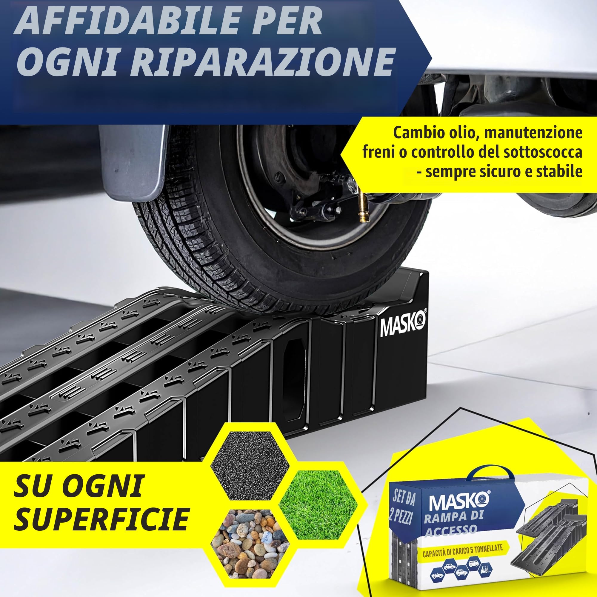 MASKO® Set di 2 Rampe di Carico fino a 5 Tonnellate di Capacità di Caric, Rampa Auto con Protezione Anti-Tip, Antisdrucciolo, Stabile, Ramp Extra Larga