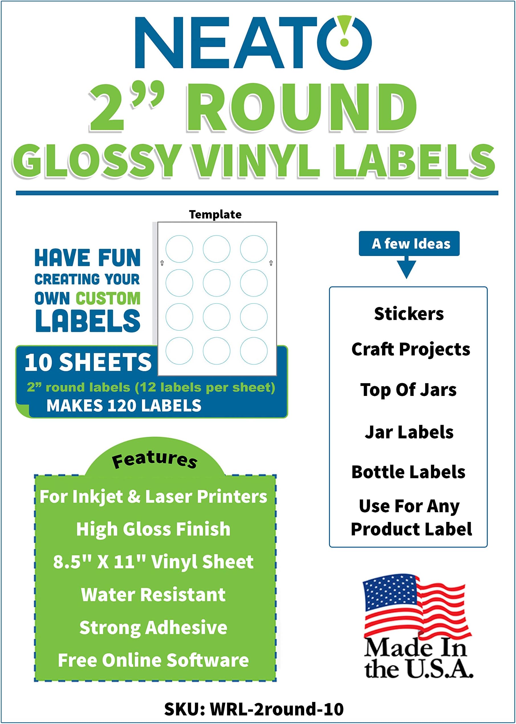 2" Round Label Stickers - Glossy, Blank Custom Labels for Laser & Inkjet Printers - Personalized, Customizable, Waterproof, Tear-Resistant Vinyl Labels - Made in USA - 10 Sheets, 120 Printable Labels