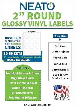 2" Round Label Stickers - Glossy, Blank Custom Labels for Laser & Inkjet Printers - Personalized, Customizable, Waterproof, Tear-Resistant Vinyl Labels - Made in USA - 10 Sheets, 120 Printable Labels