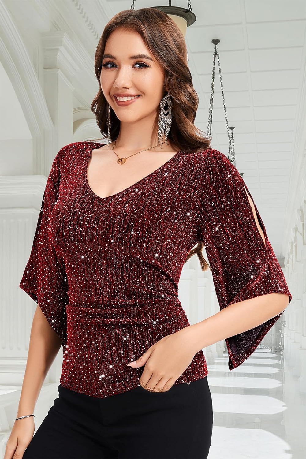 PEIQI Women's Shiny Top 3/4 Sleeve Shimmer Glitter Sparkly Blouse for Cocktail Party Evening Shirt - Image 2