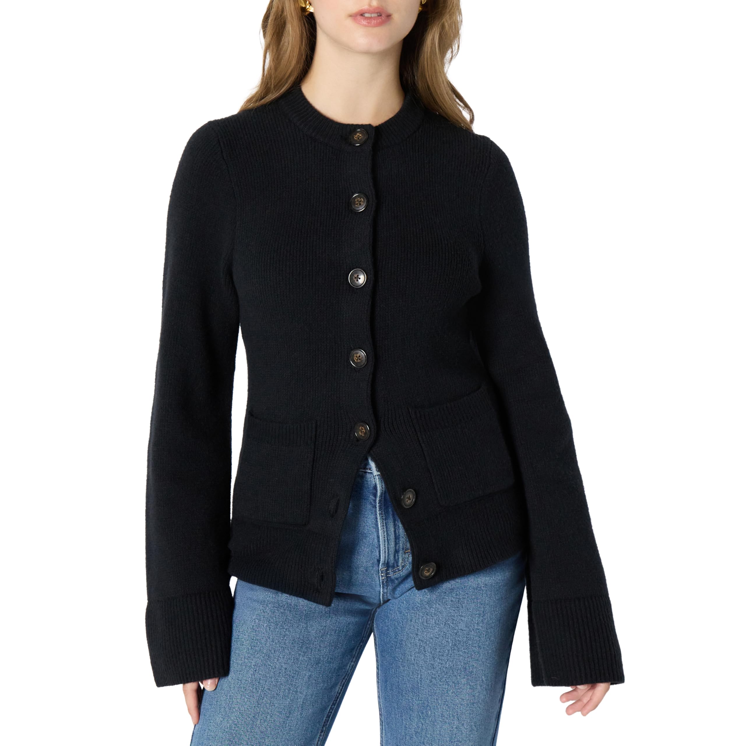 Amazon Essentials Damen Langärmelige Regular-Fit-Strickjacke mit Glockenärmeln und tailliertem Schnitt