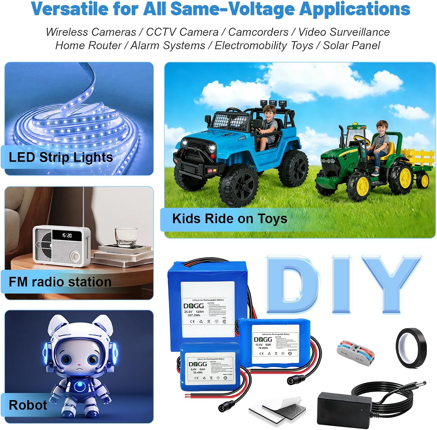 12V 6Ah Lithium Battery, 12 Volt Rechargeable Bare Leads Wire Battery with Charger, Cable Connector for DIY Projects, Kids Ride on Cars, RC Car, Robot, Solar Panels, LED, etc
