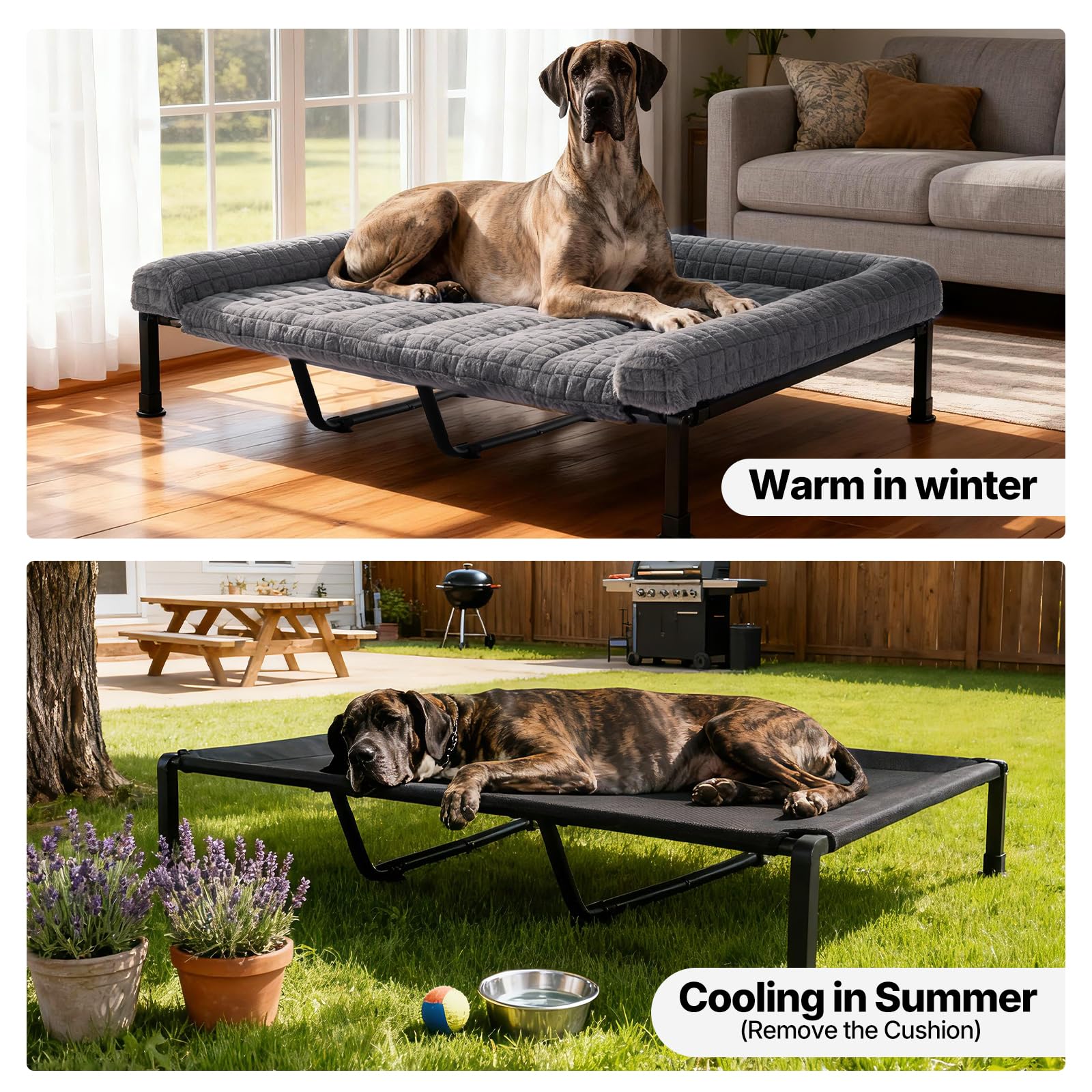 Veehoo Elevated Dog Bed Large Sized with Fluffy Plush Bolster Cushion, Washable Orthopedic Dog Couch Bed, Cooling Raised Pet Cot with Removable Mat, Breathable Mesh, No-Slip Feet, 59 x 37 inches, Grey - image 4