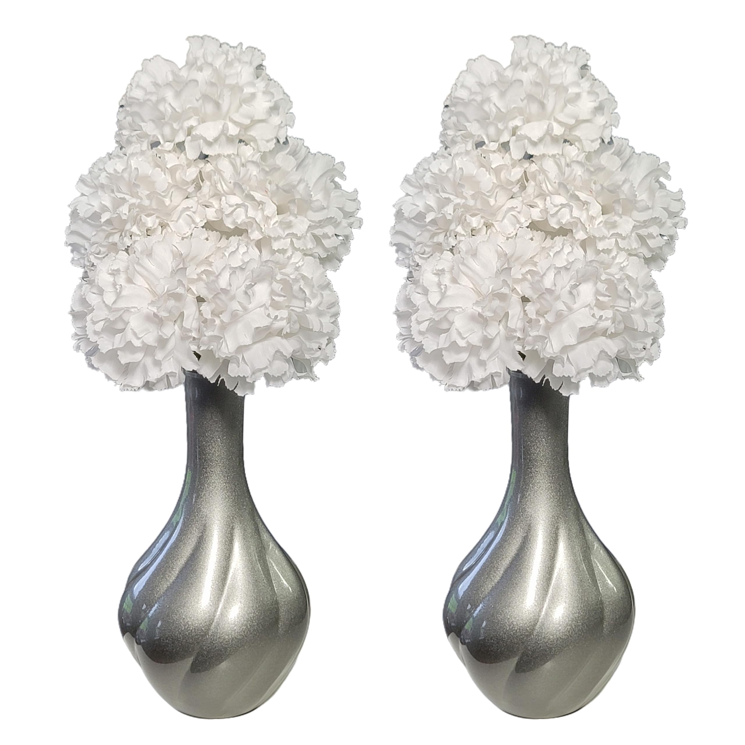 Flourish Vase with Artificial Flowers - Grey White - Perfect for Home Decor and Living Room Decoration, Bedroom or Bathroom Ornament, Matching Pair.