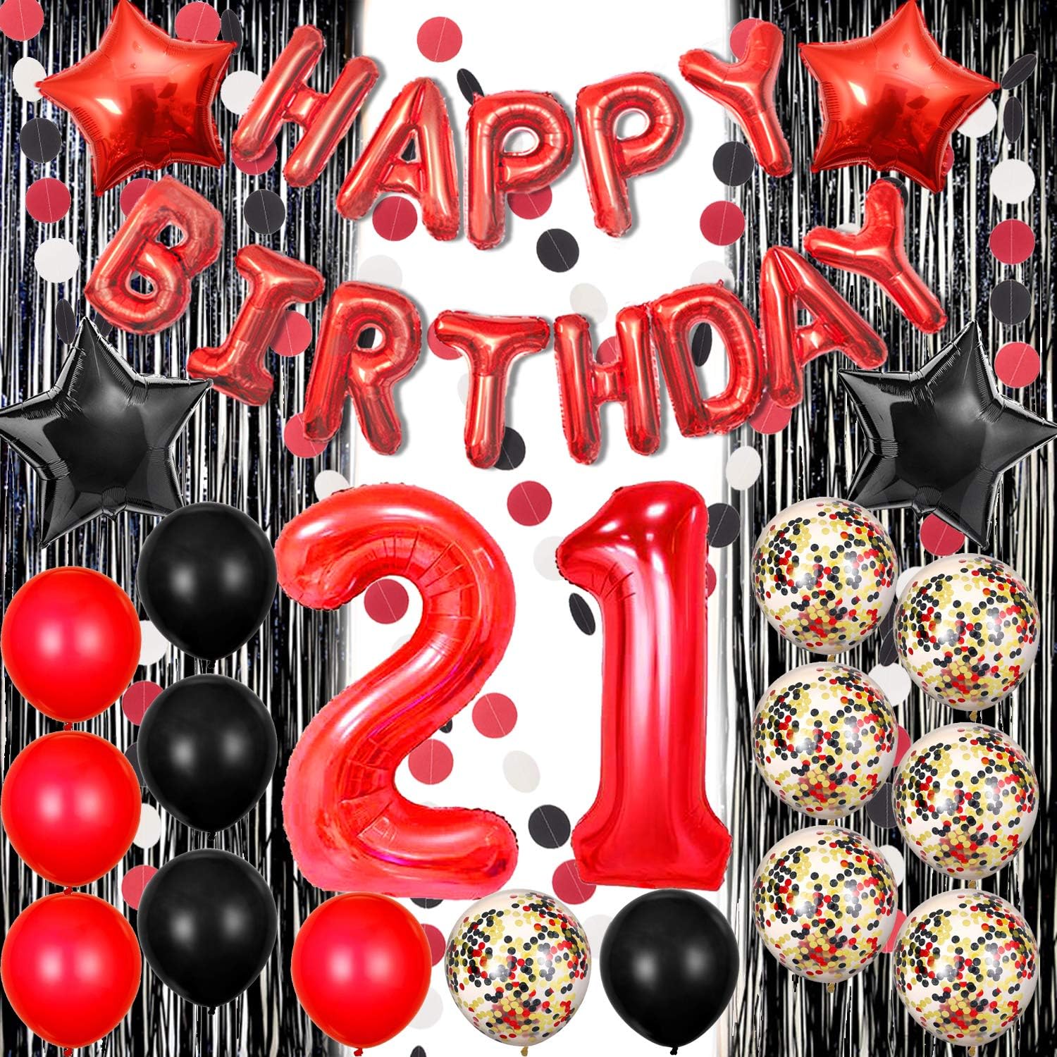21st Birthday Decorations Happy Birthday Banner Balloons Foil Fringe Curtain for Photo Booth Backdrop Paper Garland Red Number 21 Balloons Confetti Balloons Red and Black 21st Party Supplies