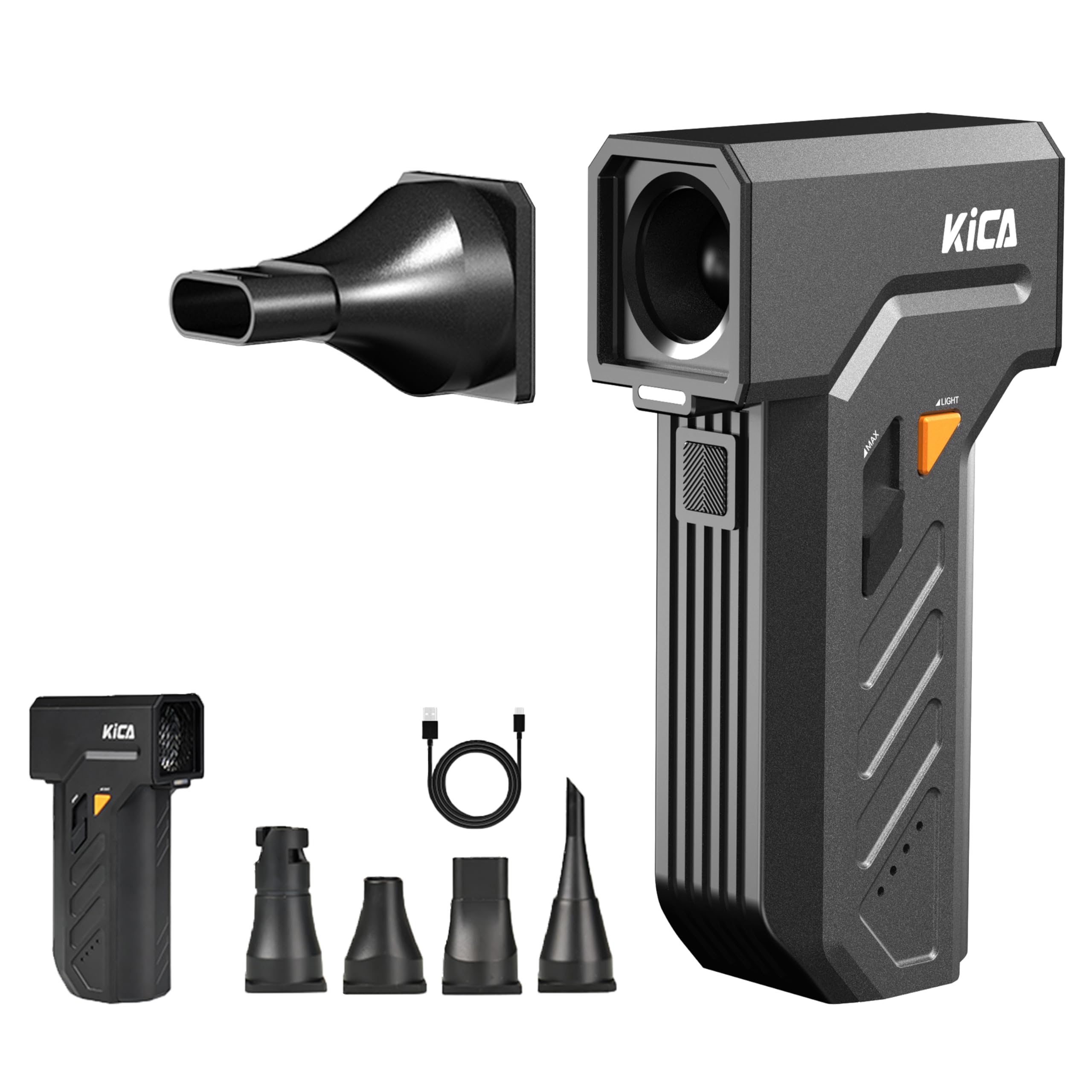 Kica JetFan Ultra Druckluft-Staubwedel, 110.000 U/min, kabellos, 48 m/s Luftstrom, wiederaufladbares Luftgebläse mit Dual-LED-Lichtern, freie Geschwindigkeitseinstellung, 4 Düsen für PC, Autowäsche