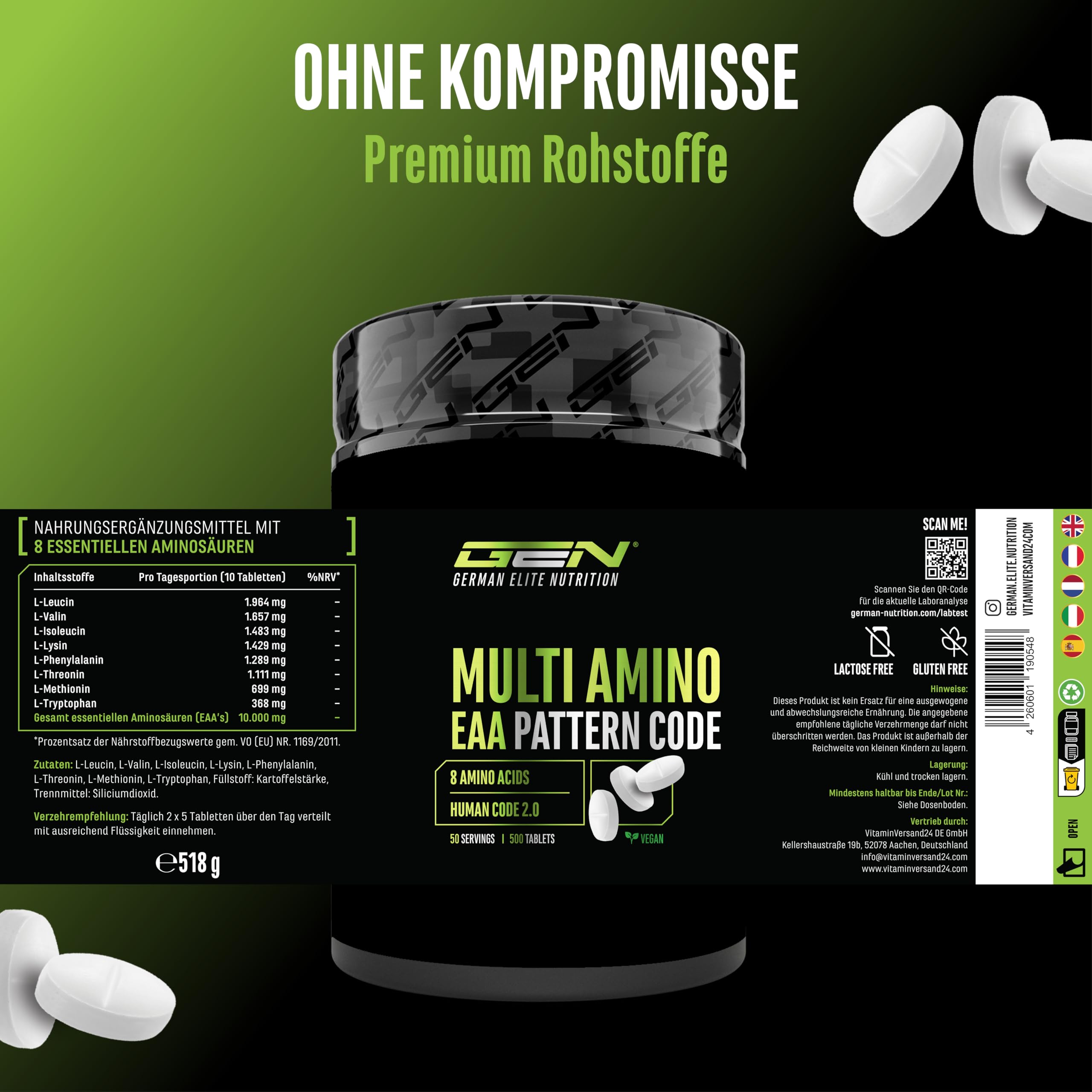 GEN GERMAN ELITE NUTRITION EAA Multi Amino - 500 Tabletten - je 1000 mg | Alle 8 essentielle Aminosäuren in der Human Code Formel, pflanzliche Fermentation, Hochdosiert, vegan, laborgeprüft