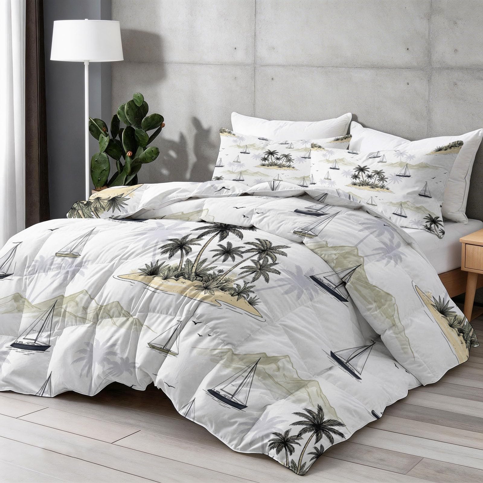 Edredón de isla tropical sin funda de 220 x 240 cm, 4 estaciones, lavable, crema ligera, respetuosa con la piel, paisaje marino natural, velero, hoja de palma, edredón suave y cálido