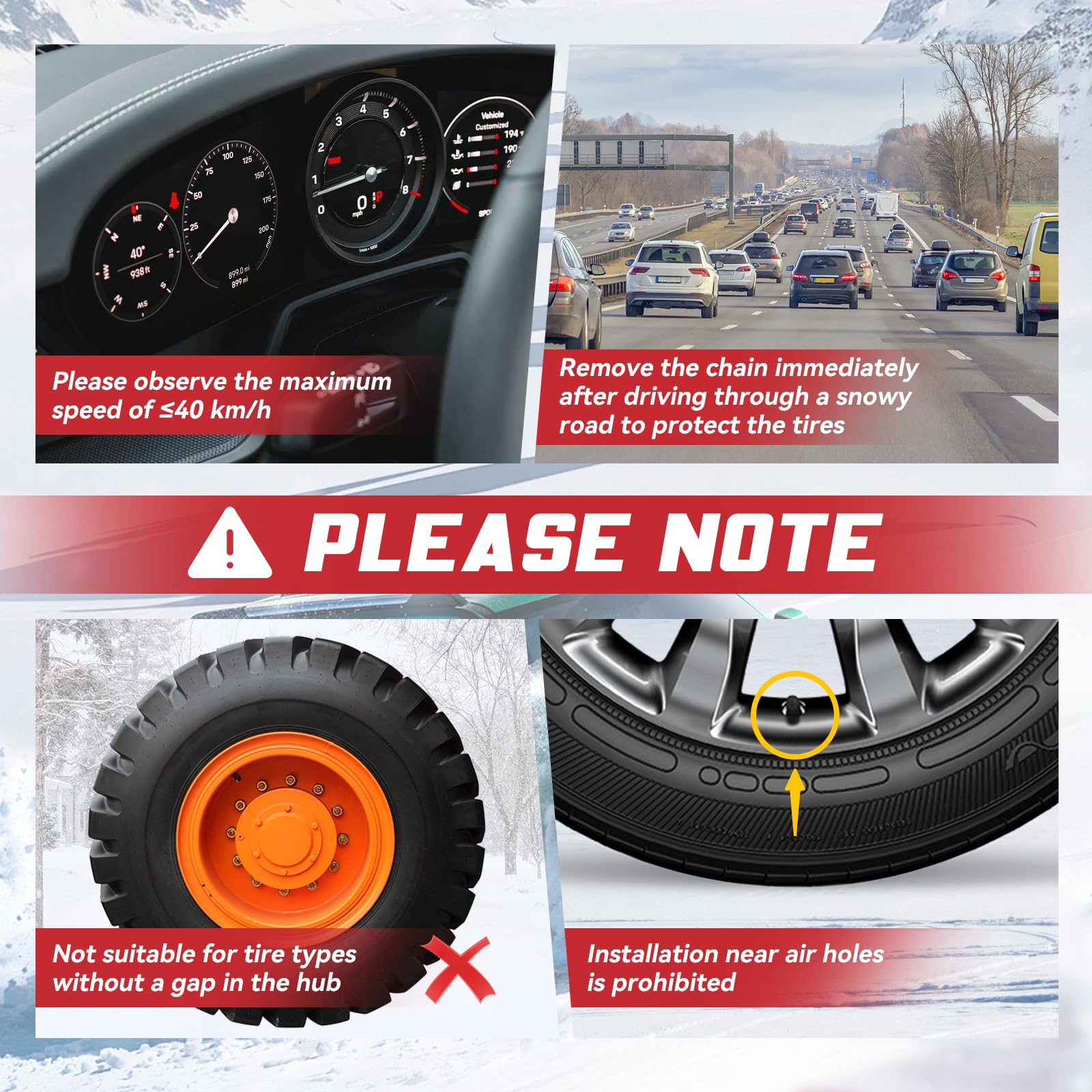 MOONCOOL 10 unidades (1 juego) Cadenas de nieve universales para coche, fácil montaje, para neumáticos de 215 – 285 mm de ancho, con guantes, gancho, bolsa de transporte, cuerda de amarre, para