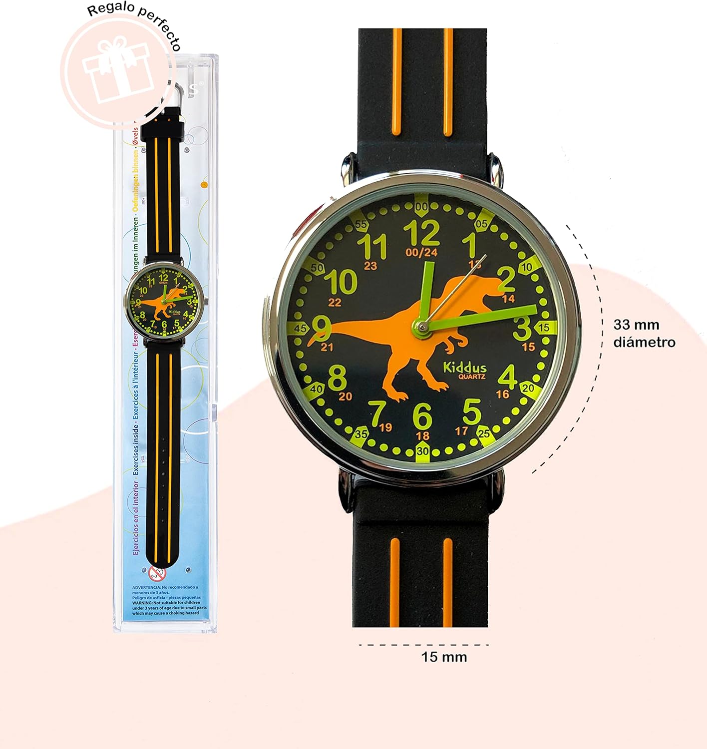 Kiddus Educational Kids Watch for Children, Boys and Girls. Analogue Time Teacher Wristwatch with Exercises. Dino. Black & Orange : Kiddus: Clothing, Shoes & Jewelry