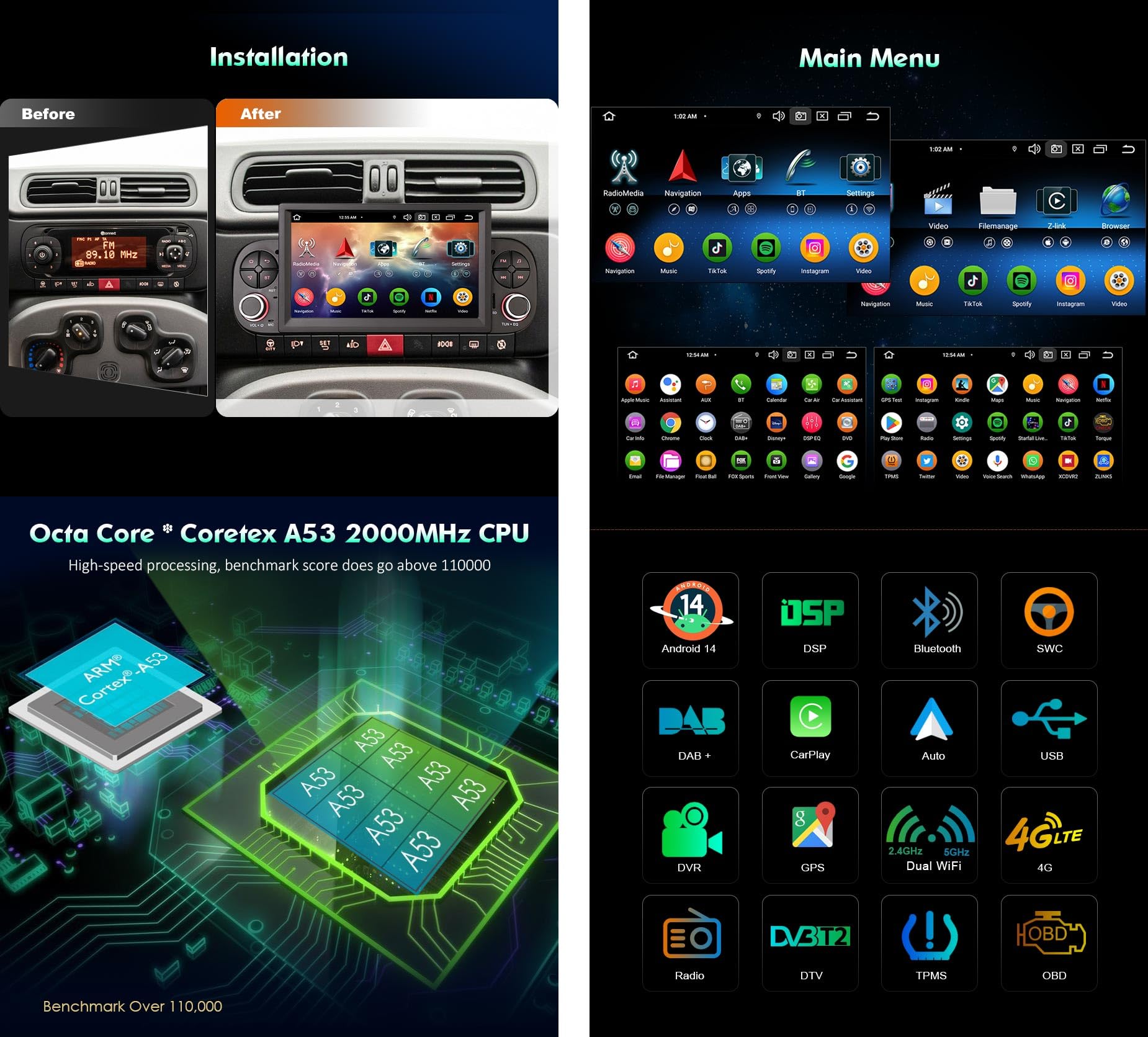 8-Core 4GB RAM+64GB ROM Android 14 Autoradio per Fiat Panda 2013-2020 con 7" Schermo Carplay Senza fili Android Auto Bluetooth 5.0 GPS WiFi 4G LTE Canbus DAB+ RDS FM DSP USB